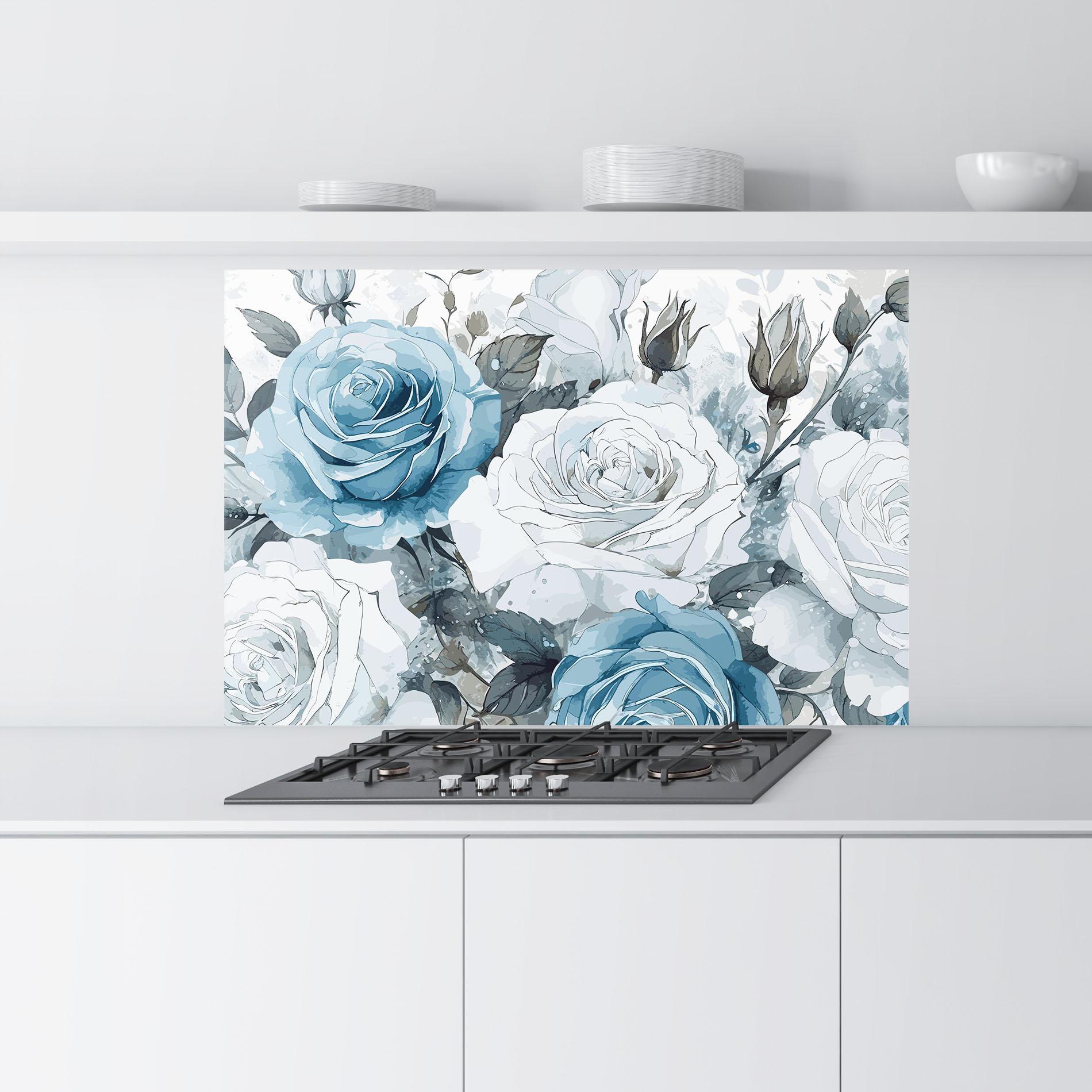 Konyhai üveg hátfal Blue White Rose mockup 9