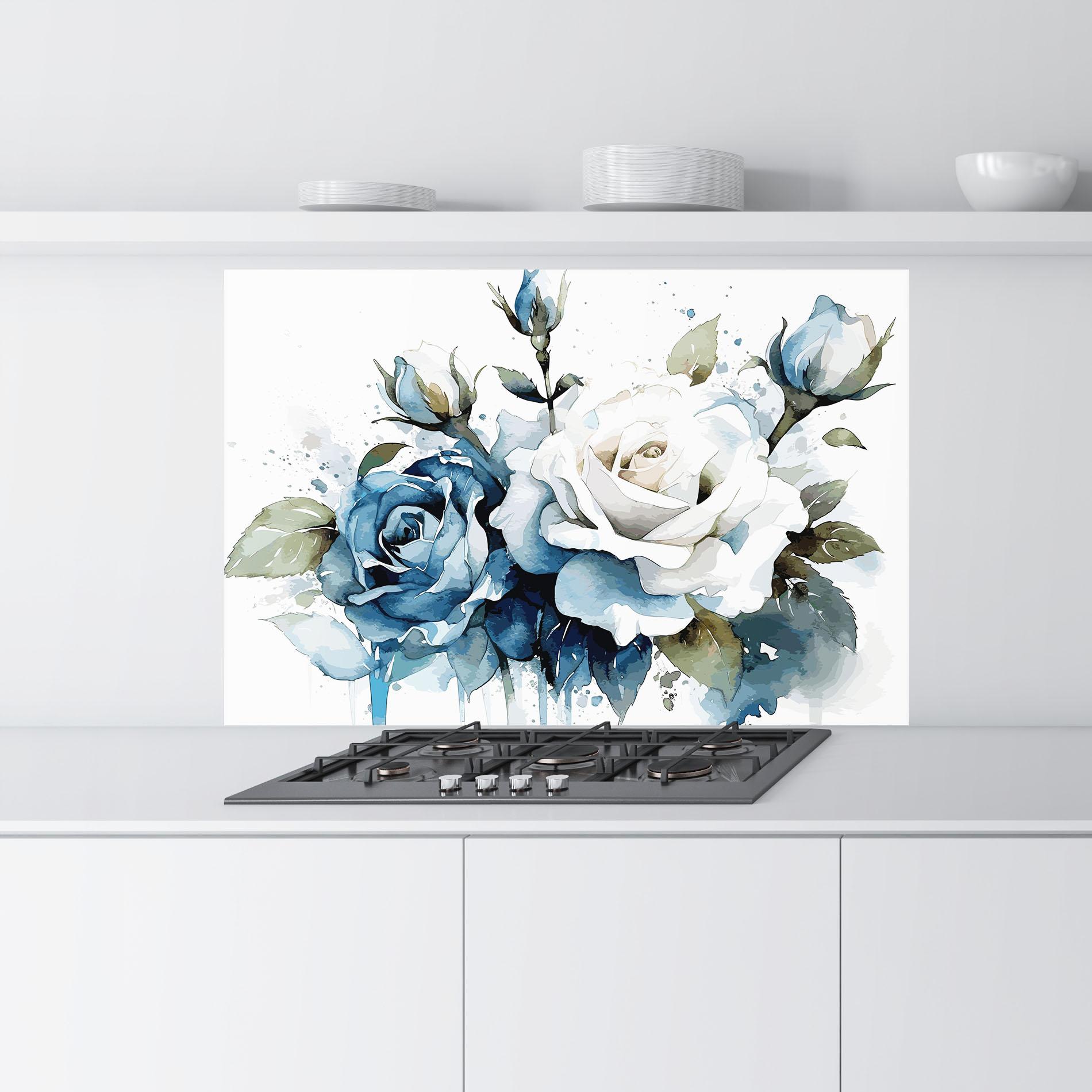 Konyhai üveg hátfal Blue White Roses mockup 9