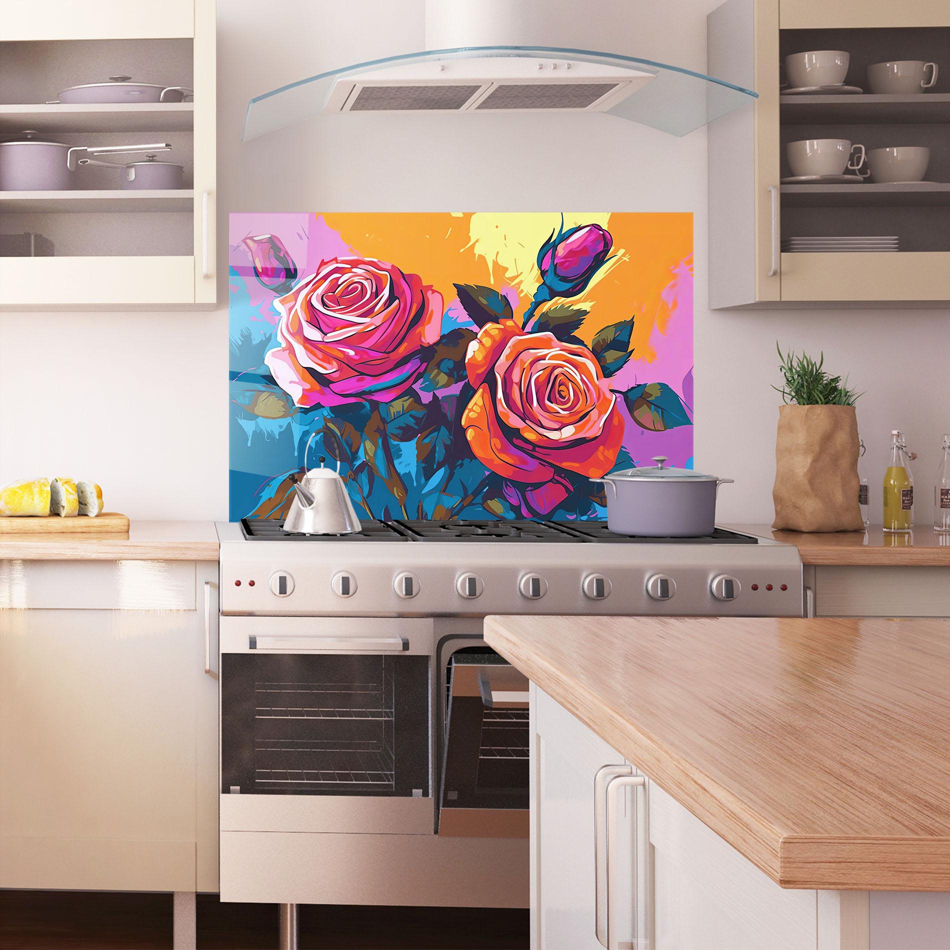 Konyhai üveg hátfal Blue Orange Rose mockup 1
