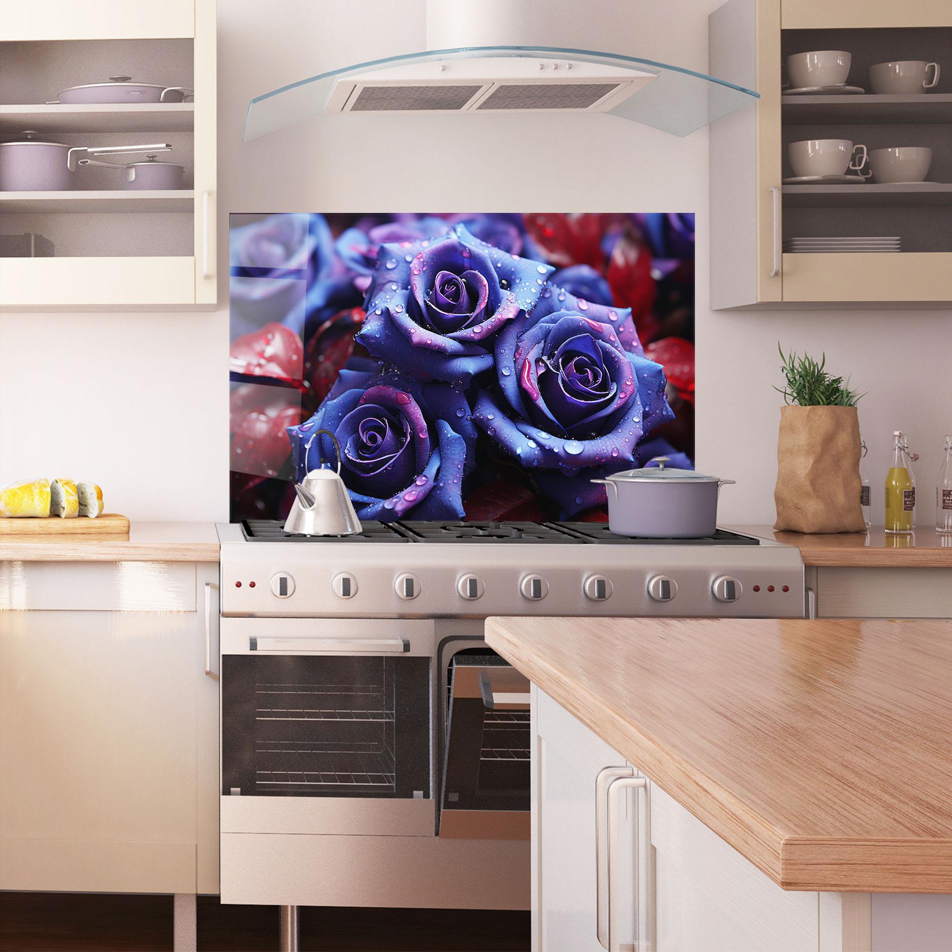 Konyhai üveg hátfal Blue Purple Rose mockup 1