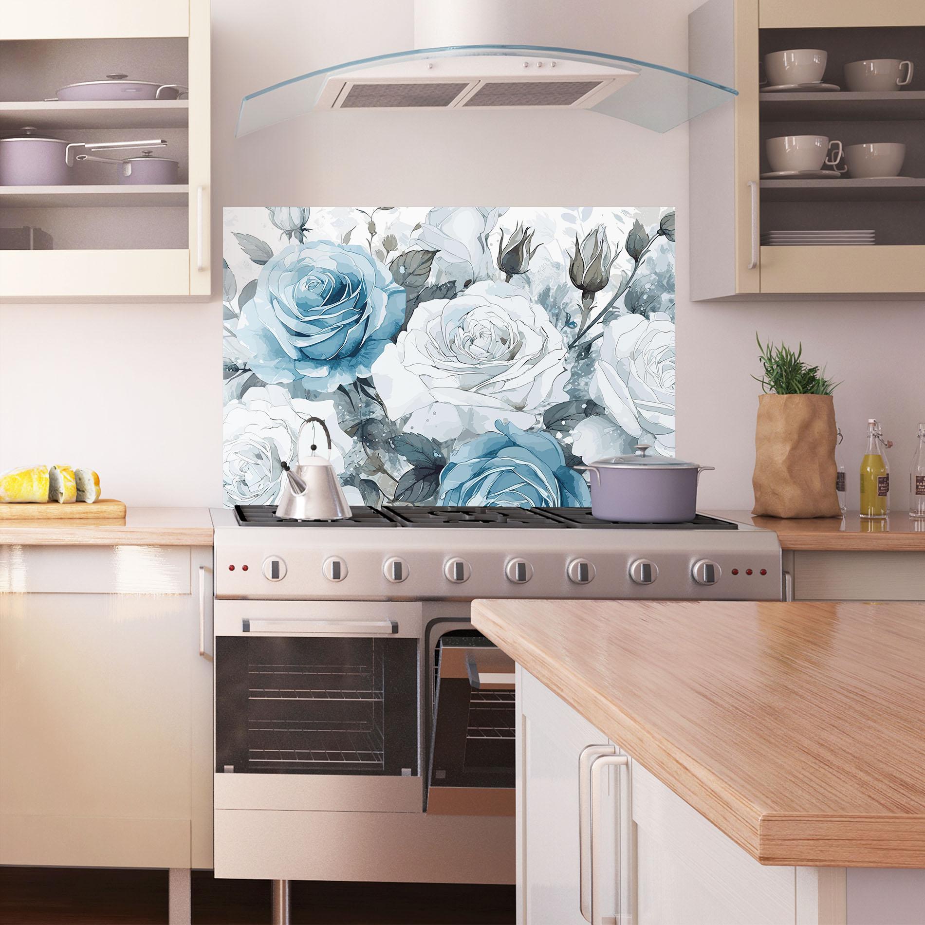 Konyhai üveg hátfal Blue White Rose mockup 1