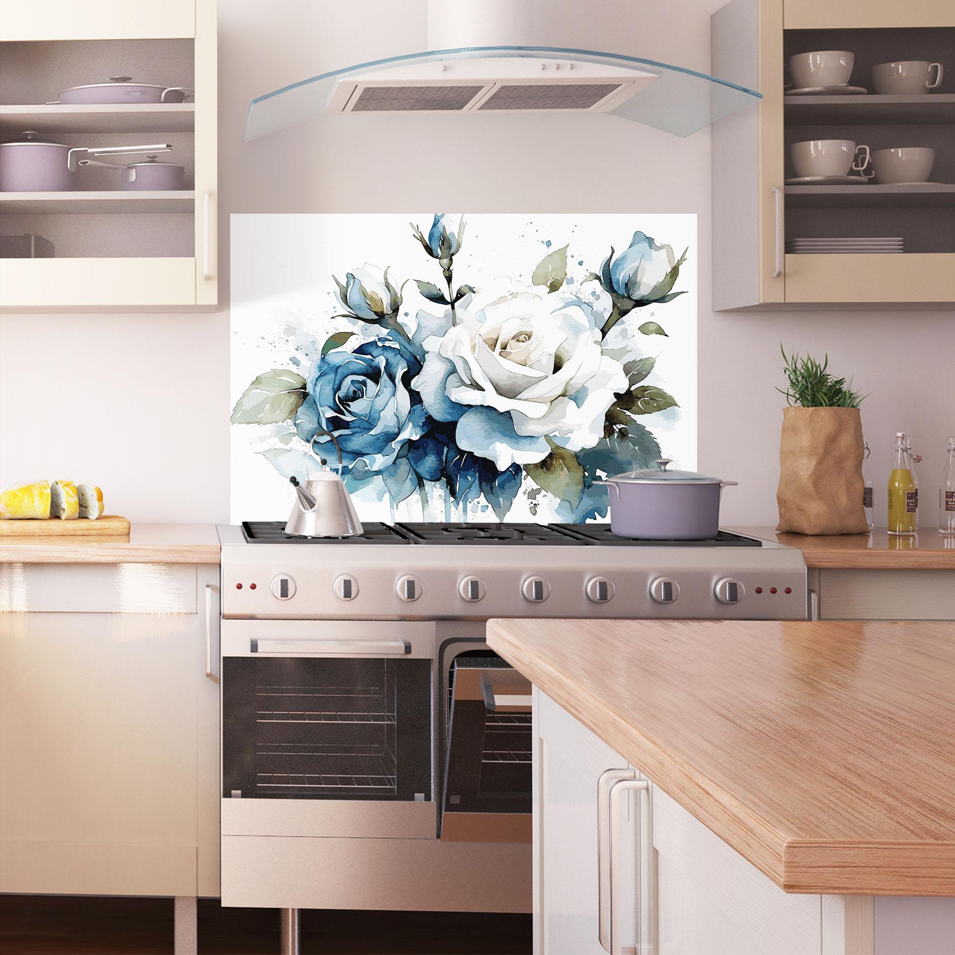 Konyhai üveg hátfal Blue White Roses mockup 1