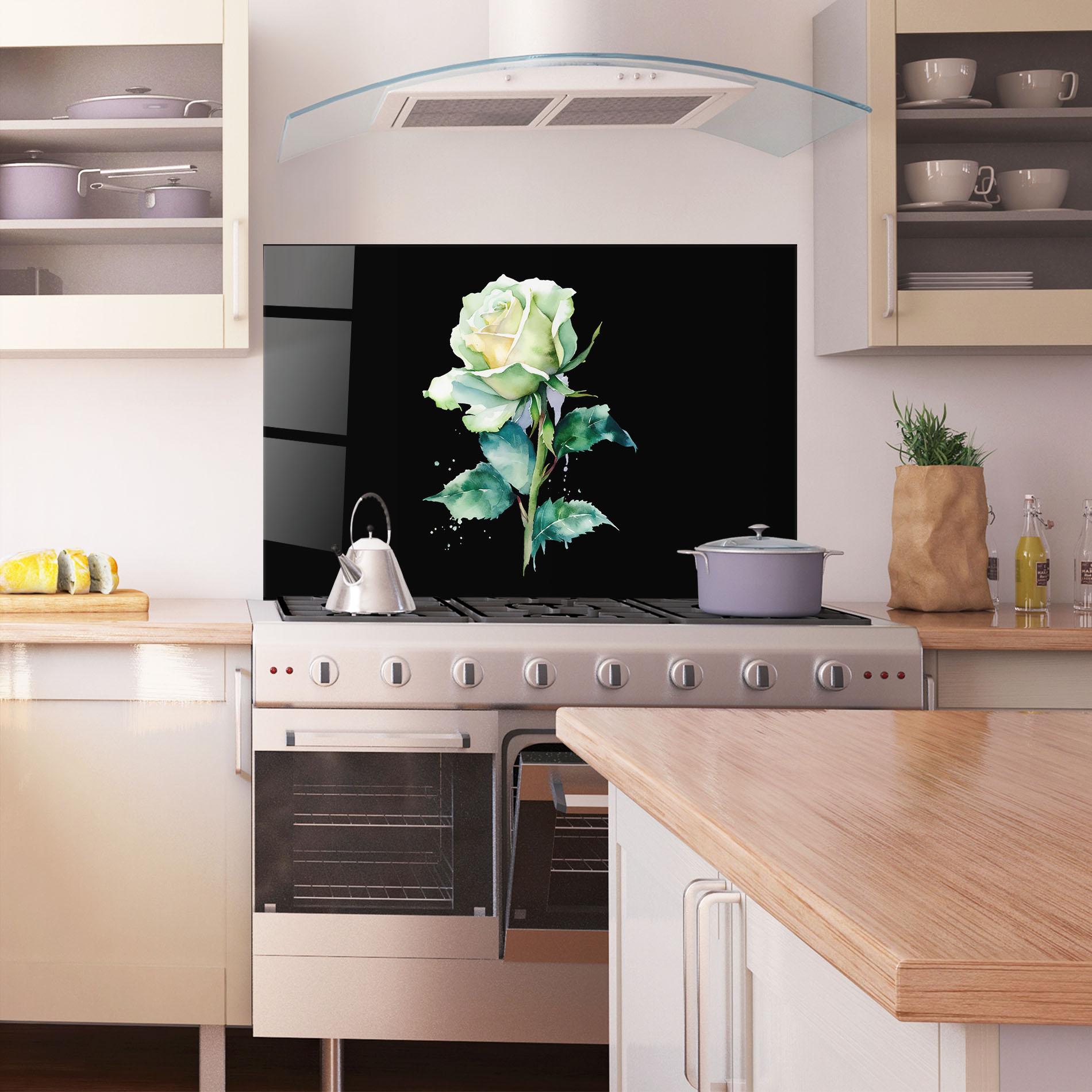 Konyhai üveg hátfal White Green Rose mockup 1