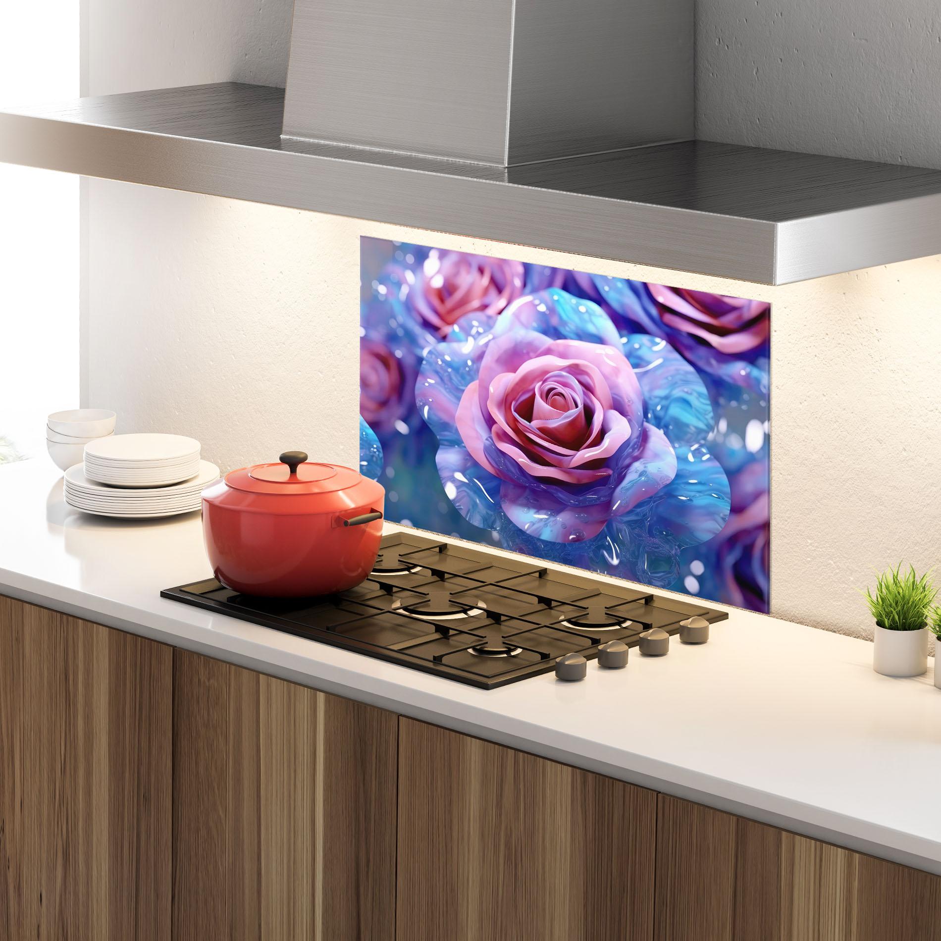 Konyhai üveg hátfal Beautiful Blue Pink Rose mockup 4