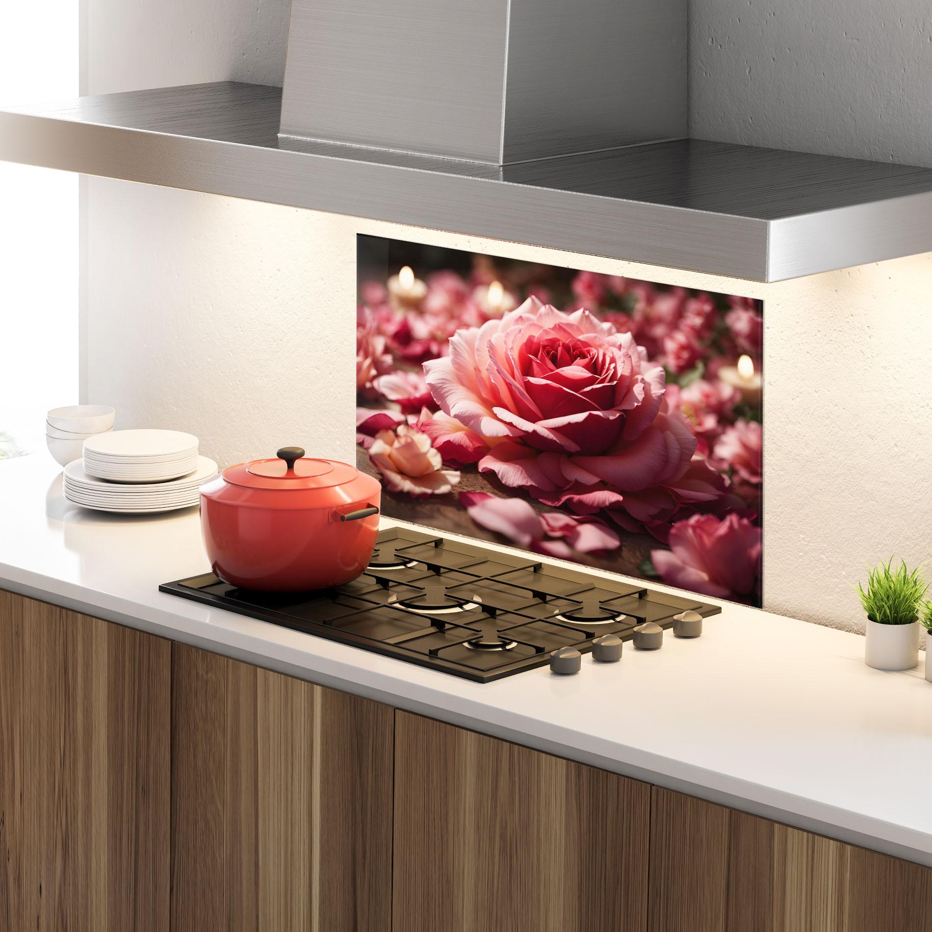 Konyhai üveg hátfal Big Pink Rose mockup 4
