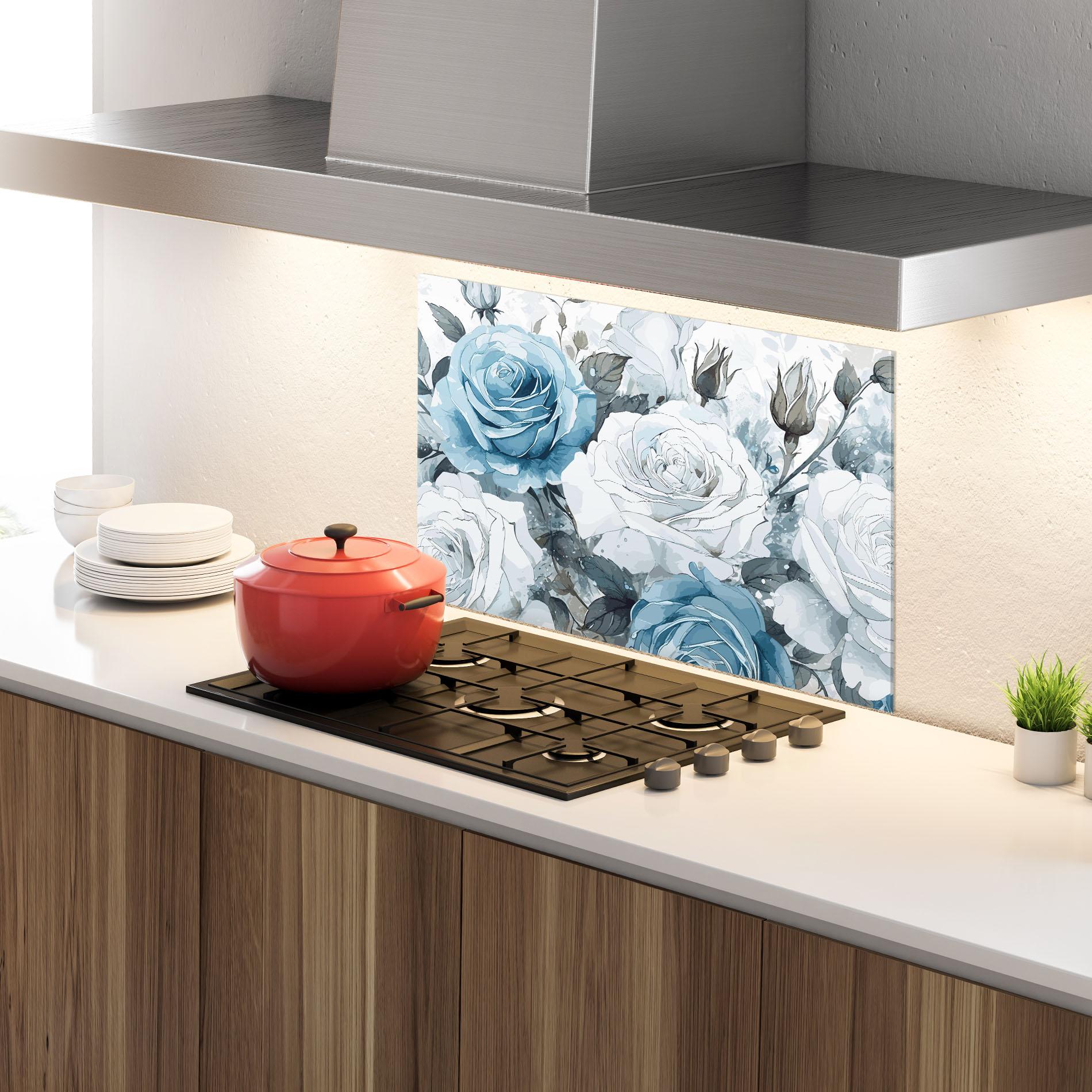 Konyhai üveg hátfal Blue White Rose mockup 4