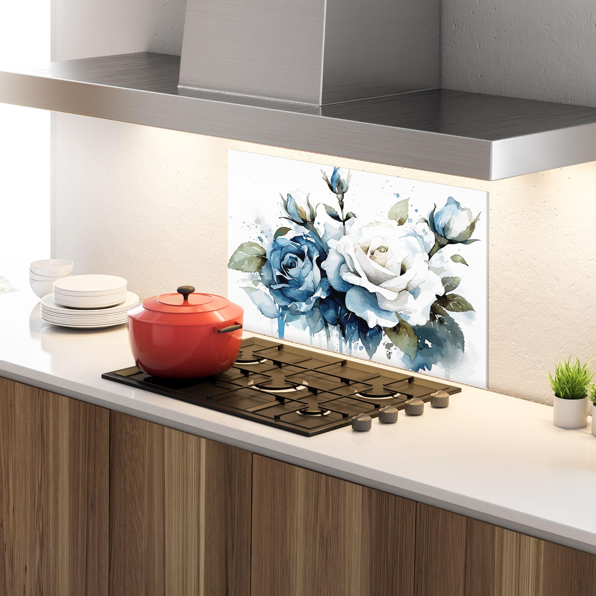 Konyhai üveg hátfal Blue White Roses mockup 4