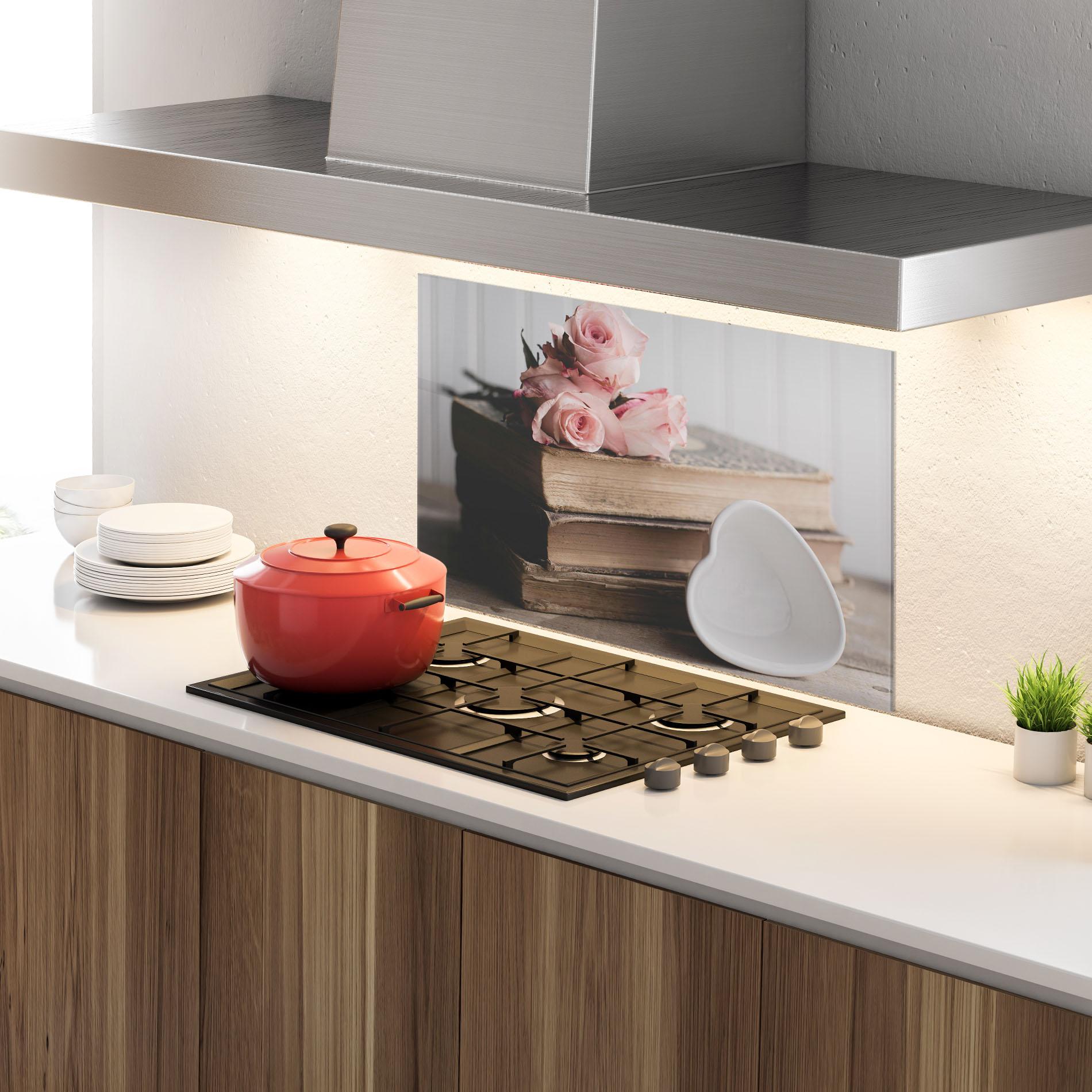 Konyhai üveg hátfal Books With Roses mockup 4