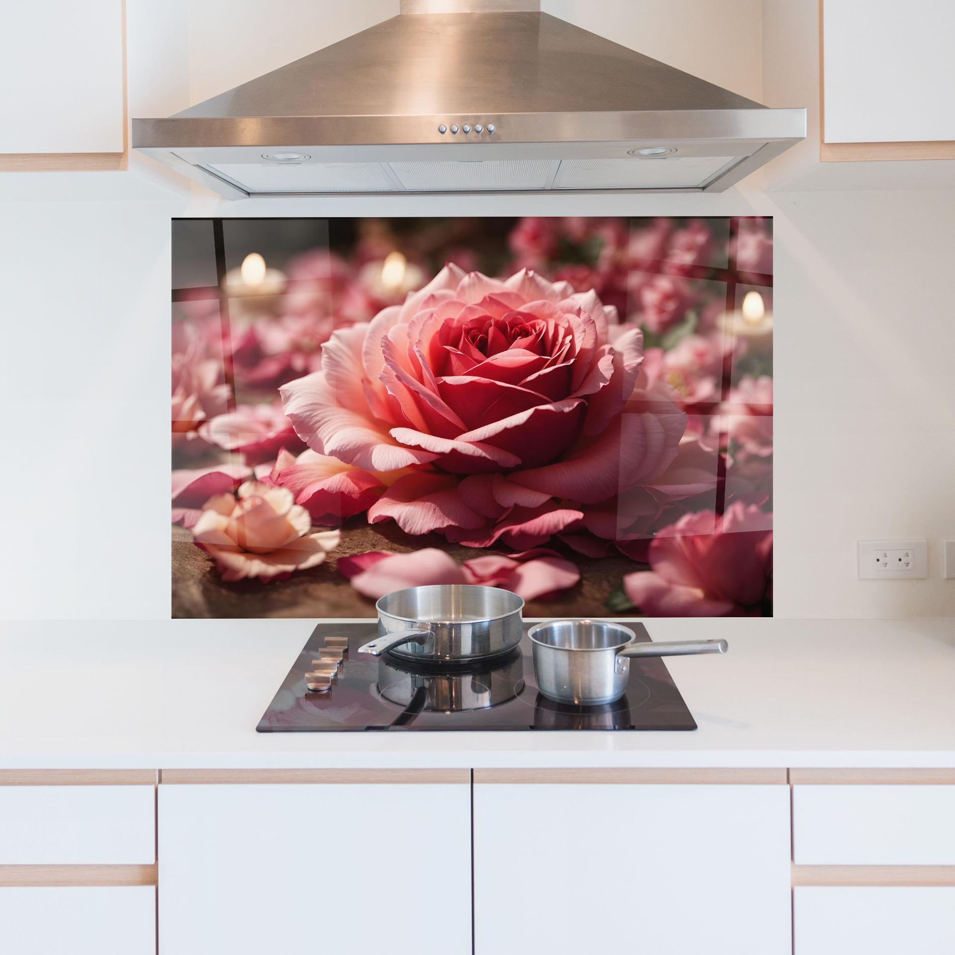 Konyhai üveg hátfal Big Pink Rose mockup 5