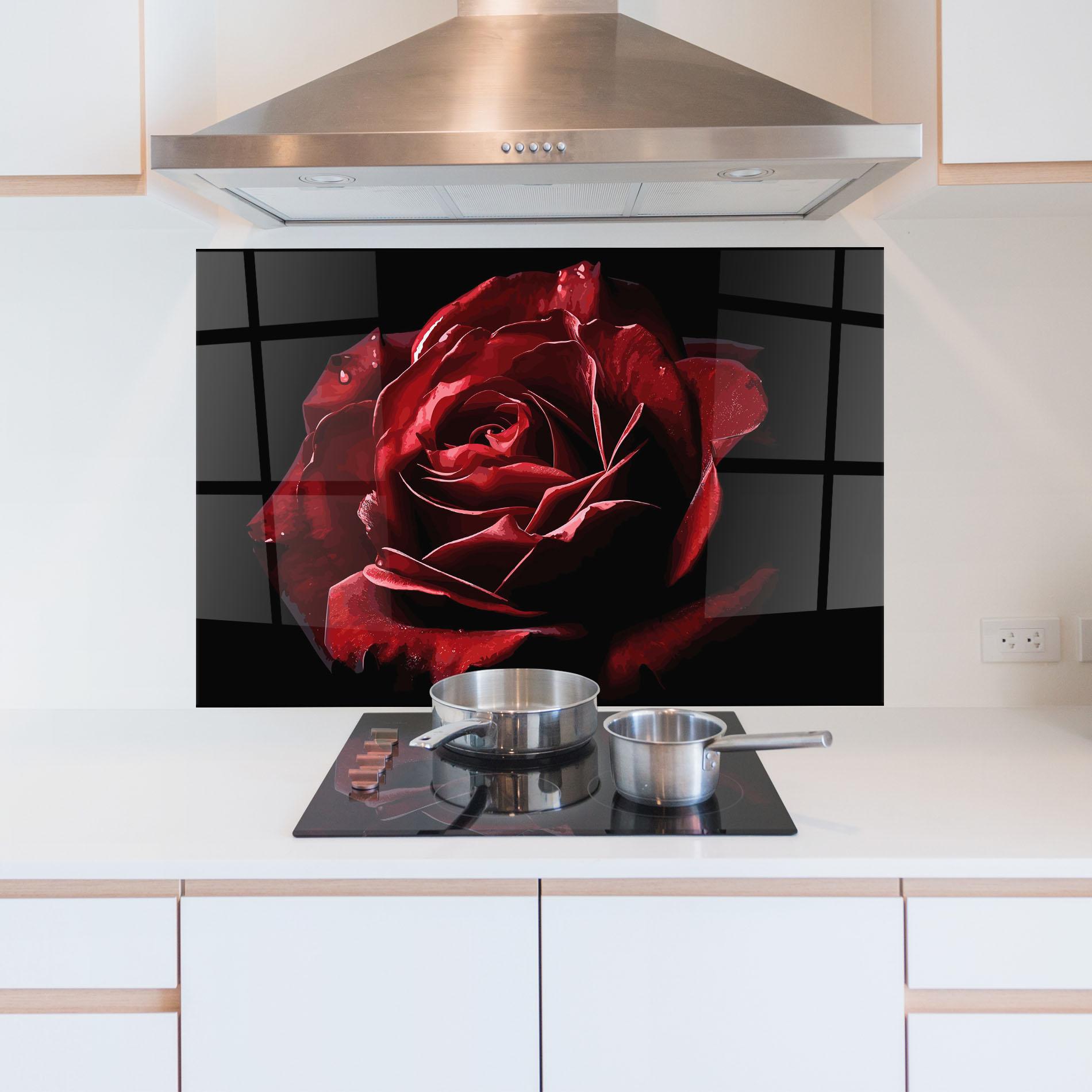 Konyhai üveg hátfal Big Red Rose mockup 5