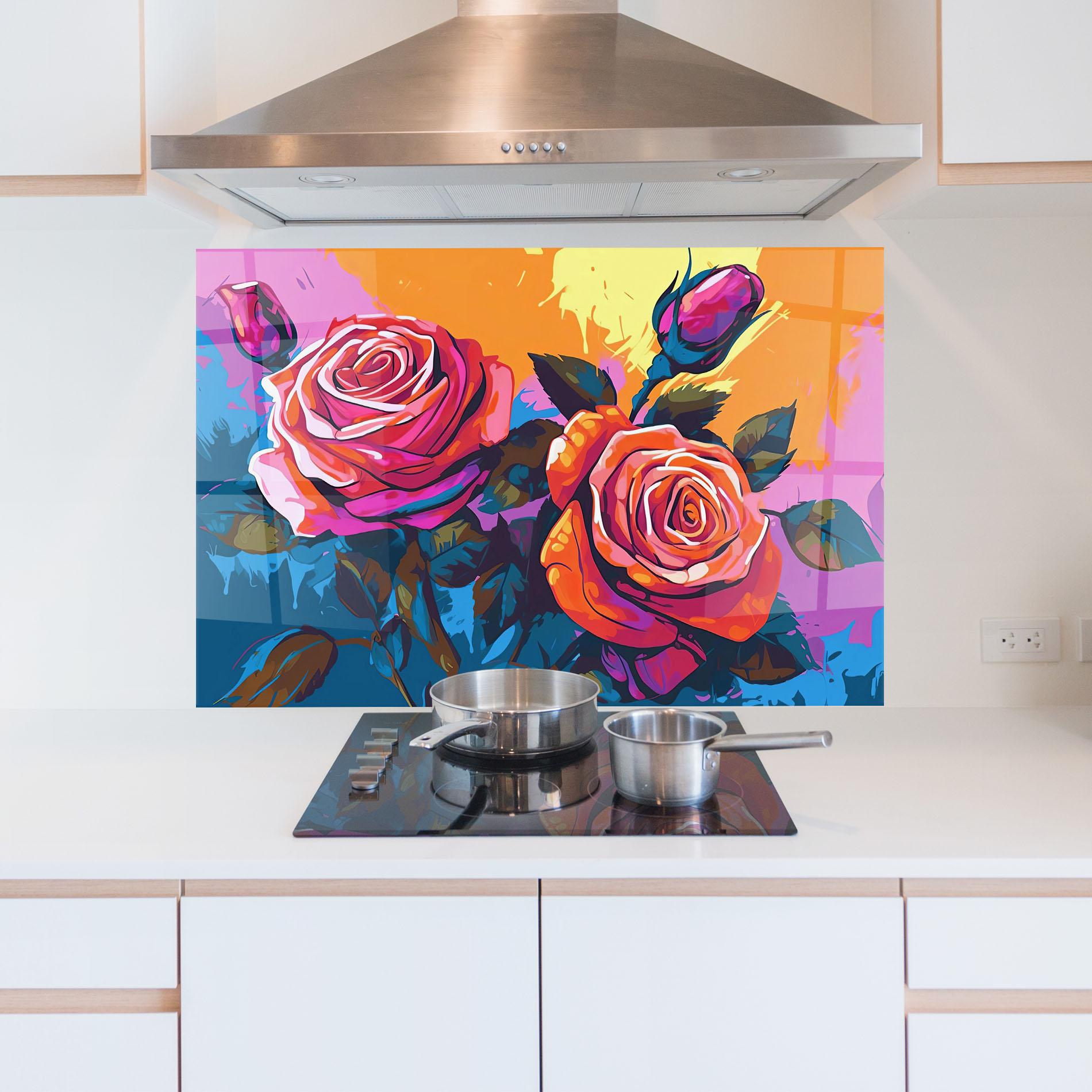 Konyhai üveg hátfal Blue Orange Rose mockup 5