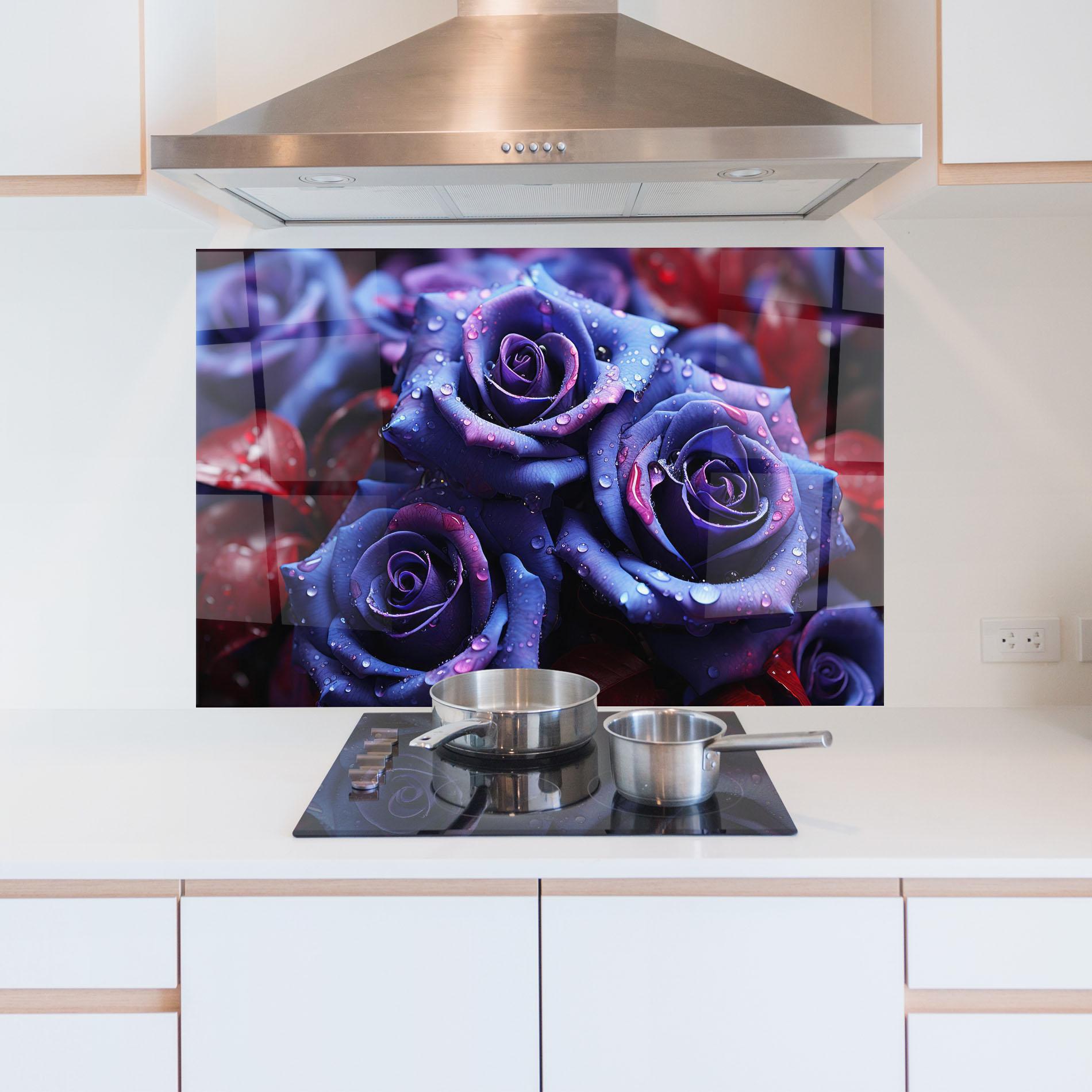 Konyhai üveg hátfal Blue Purple Rose mockup 5