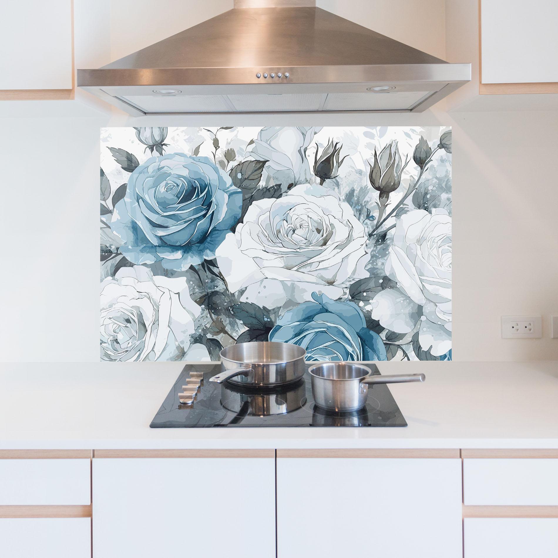 Konyhai üveg hátfal Blue White Rose mockup 5