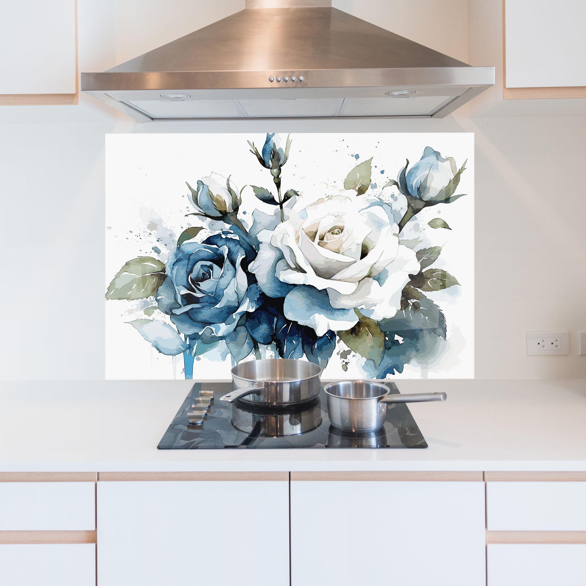 Konyhai üveg hátfal Blue White Roses mockup 5