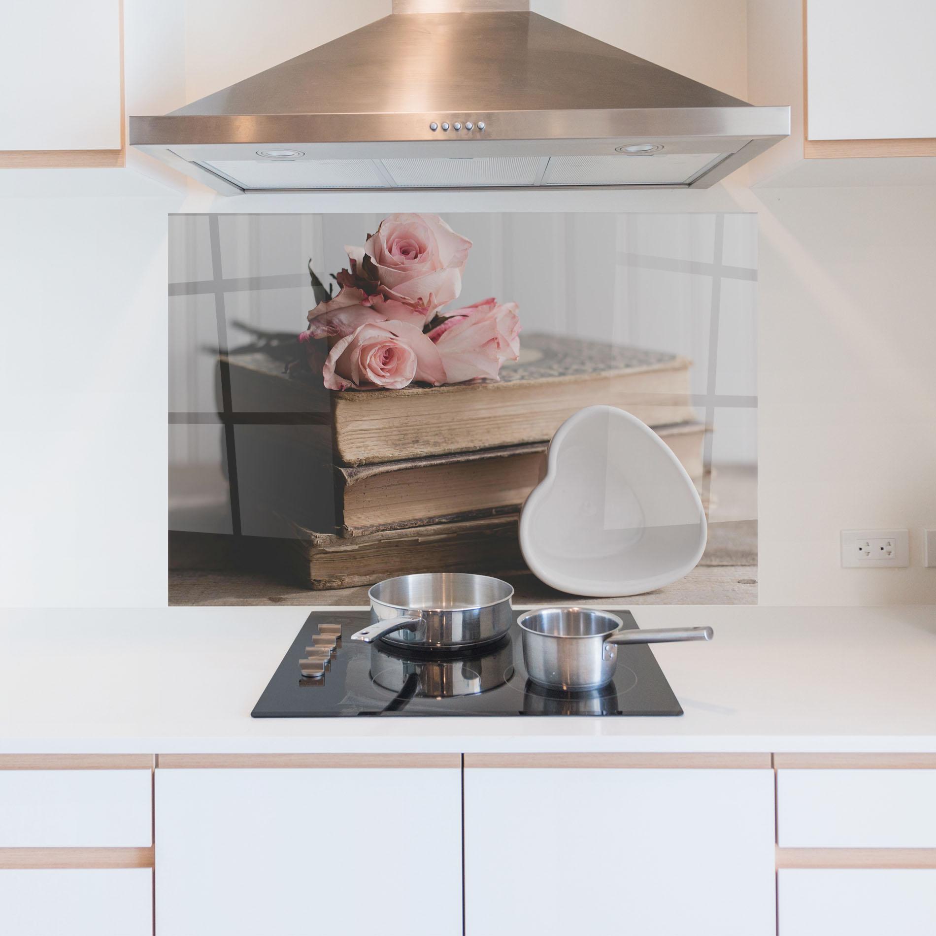 Konyhai üveg hátfal Books With Roses mockup 5