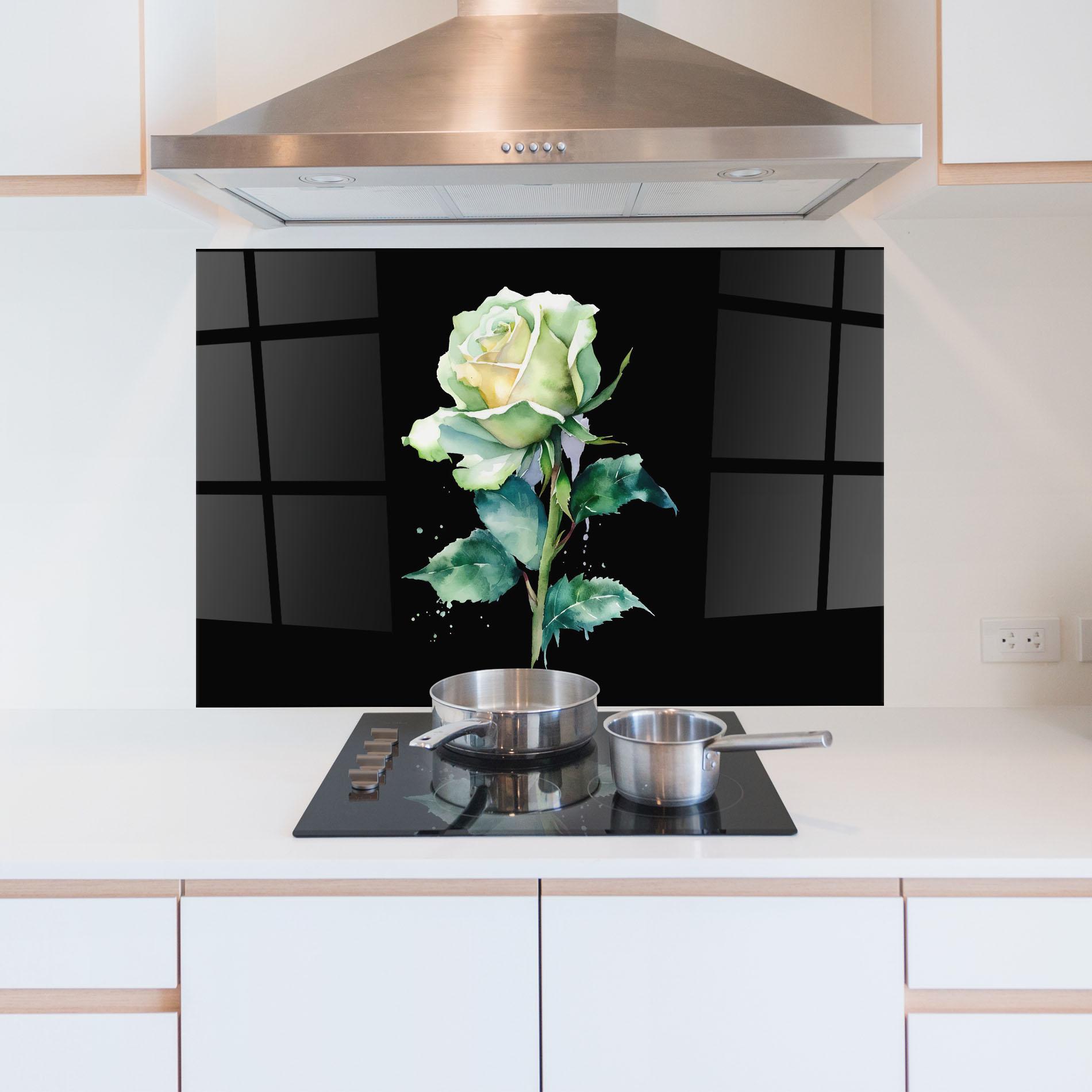 Konyhai üveg hátfal White Green Rose mockup 5