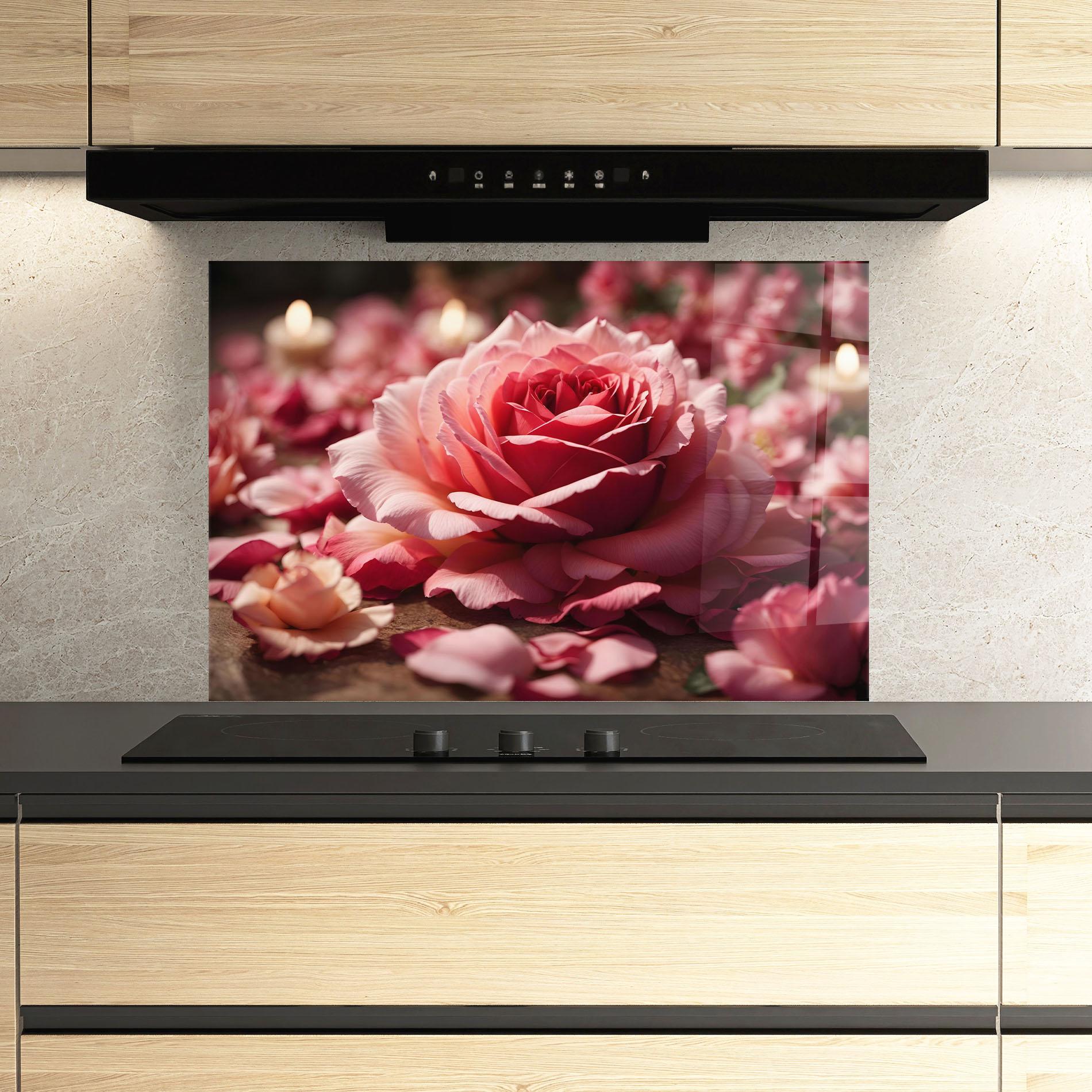 Konyhai üveg hátfal Big Pink Rose mockup 3