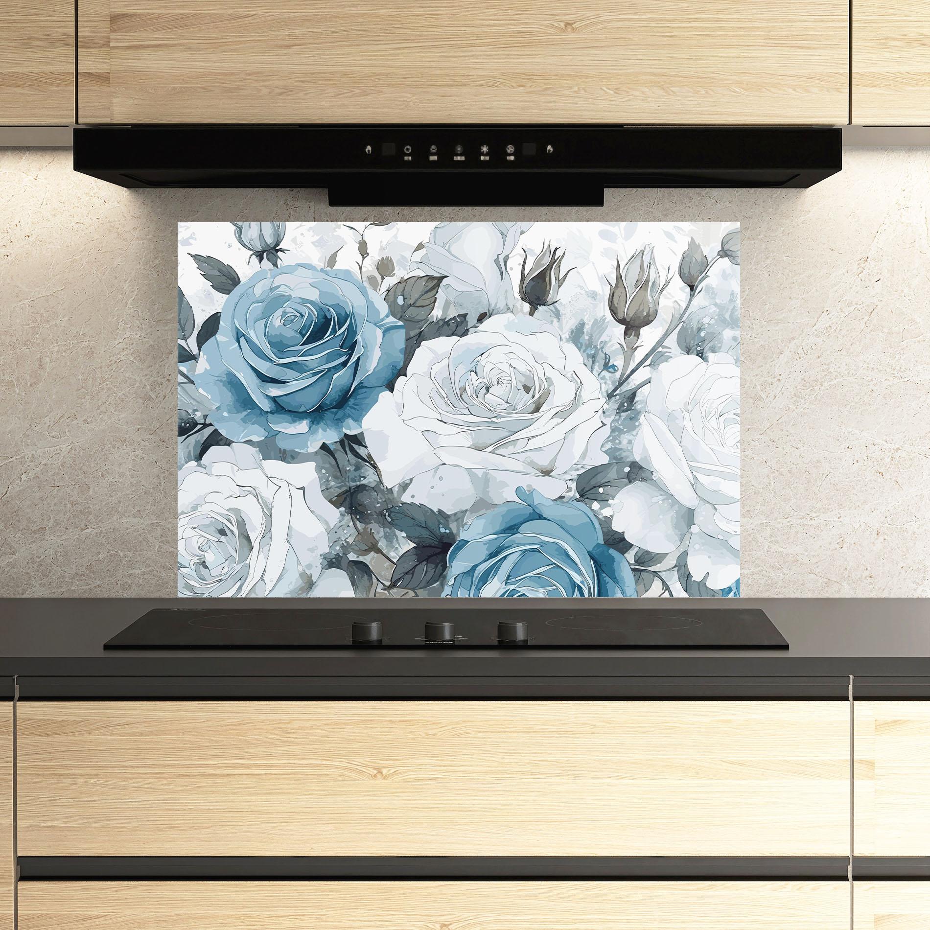 Konyhai üveg hátfal Blue White Rose mockup 3