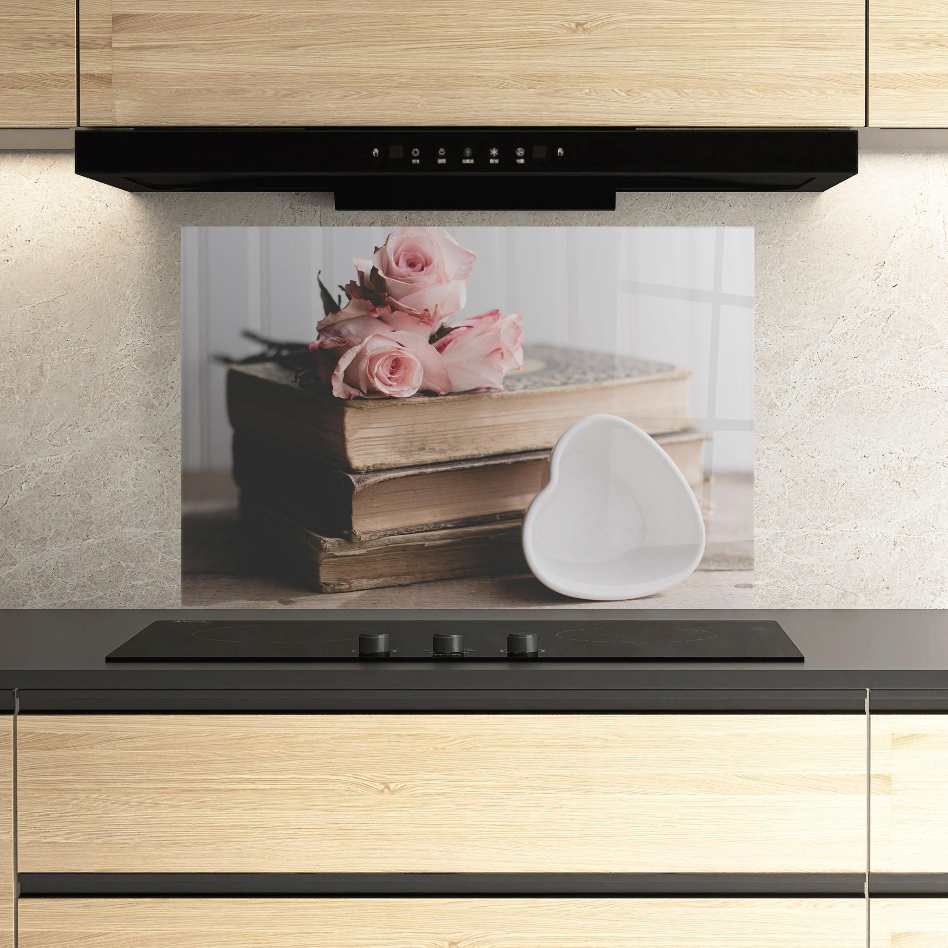 Konyhai üveg hátfal Books With Roses mockup 3