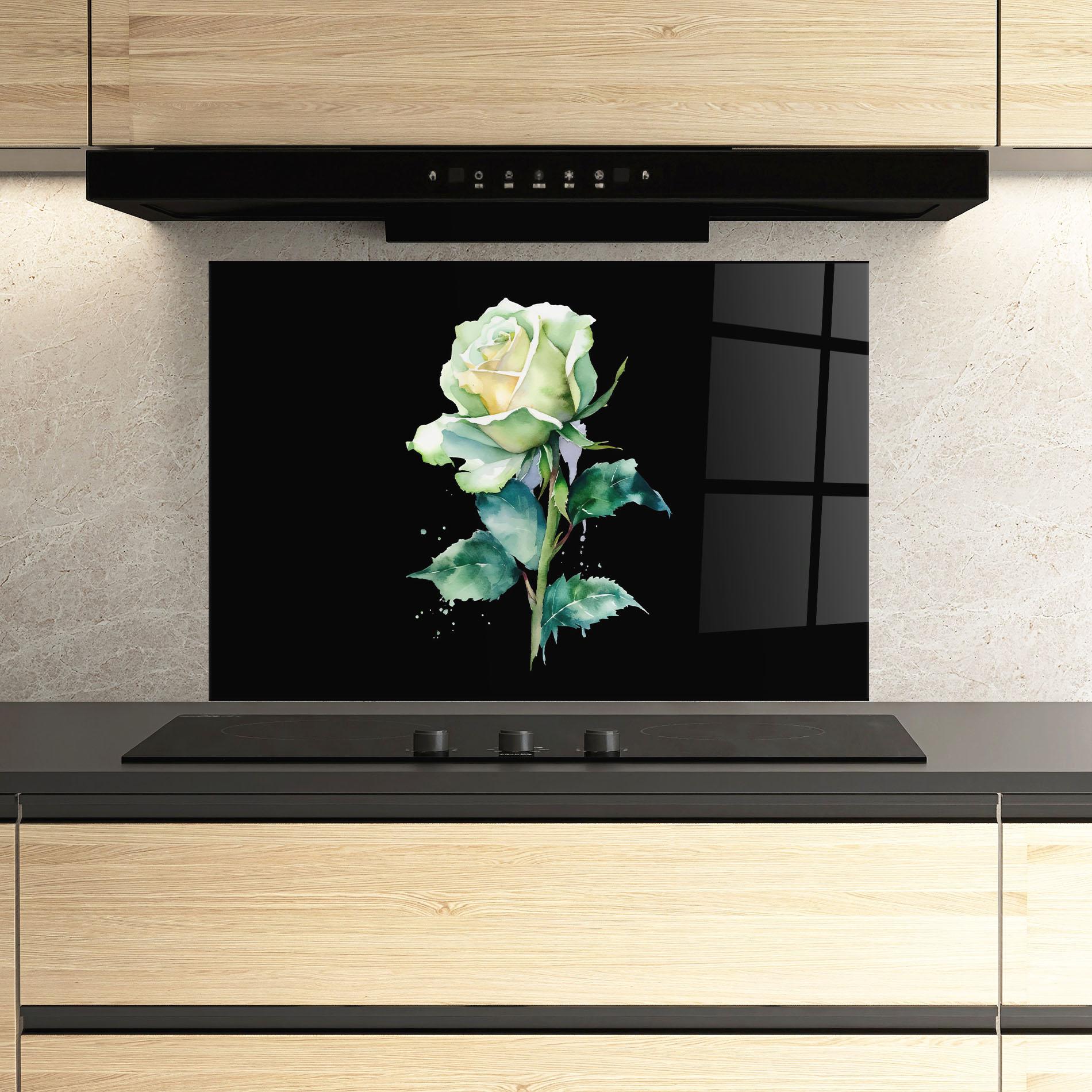 Konyhai üveg hátfal White Green Rose mockup 3