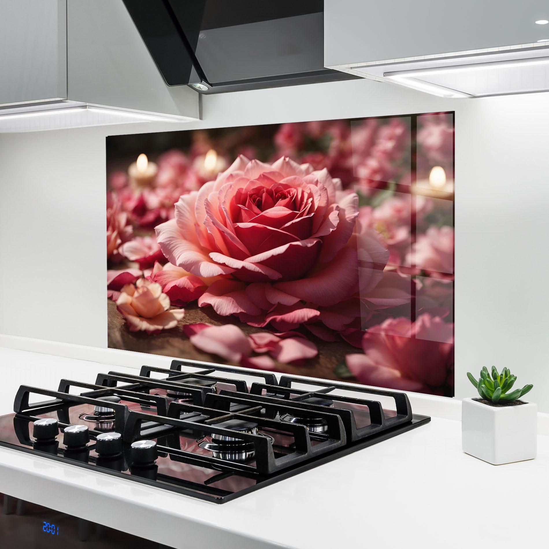 Konyhai üveg hátfal Big Pink Rose mockup 6