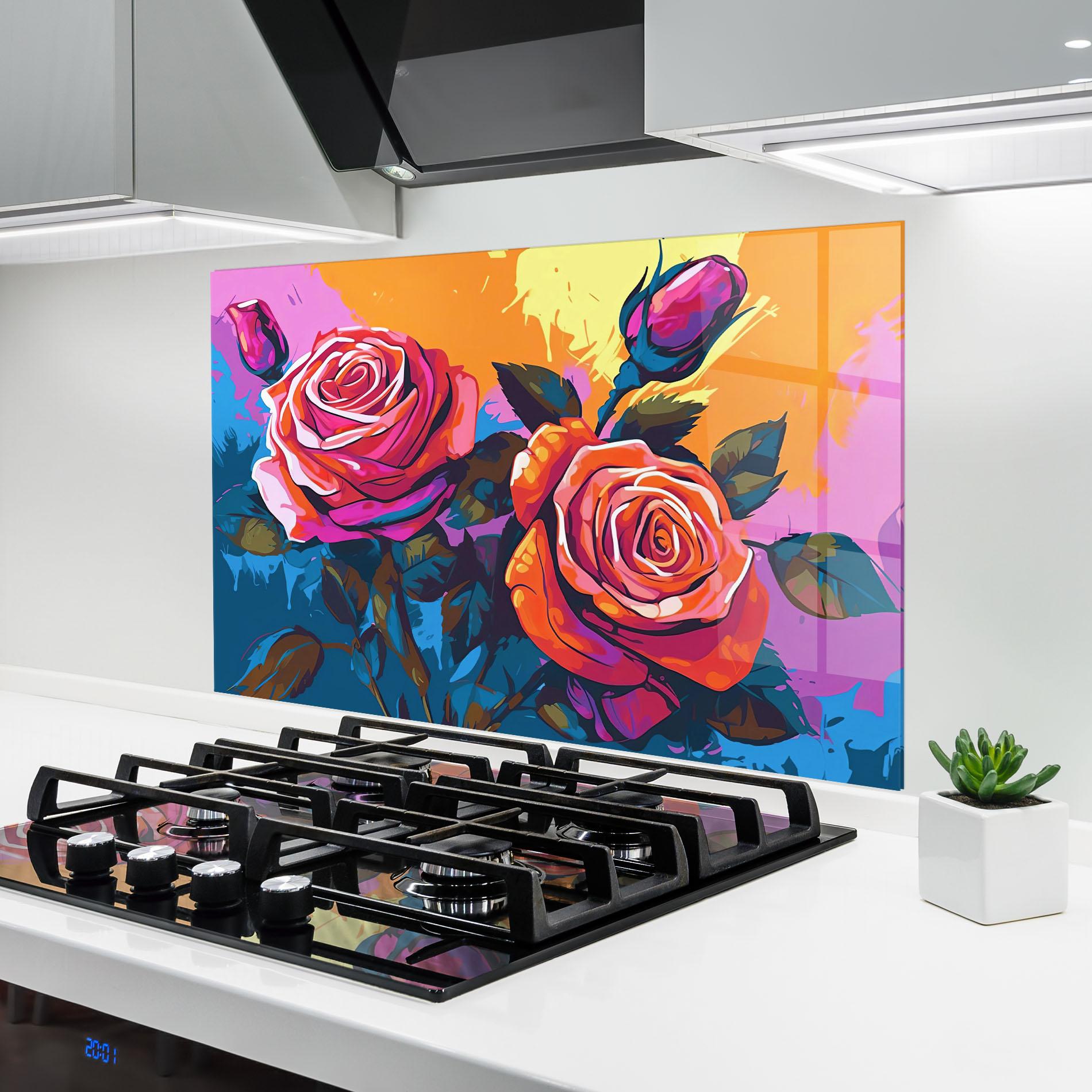 Konyhai üveg hátfal Blue Orange Rose mockup 6