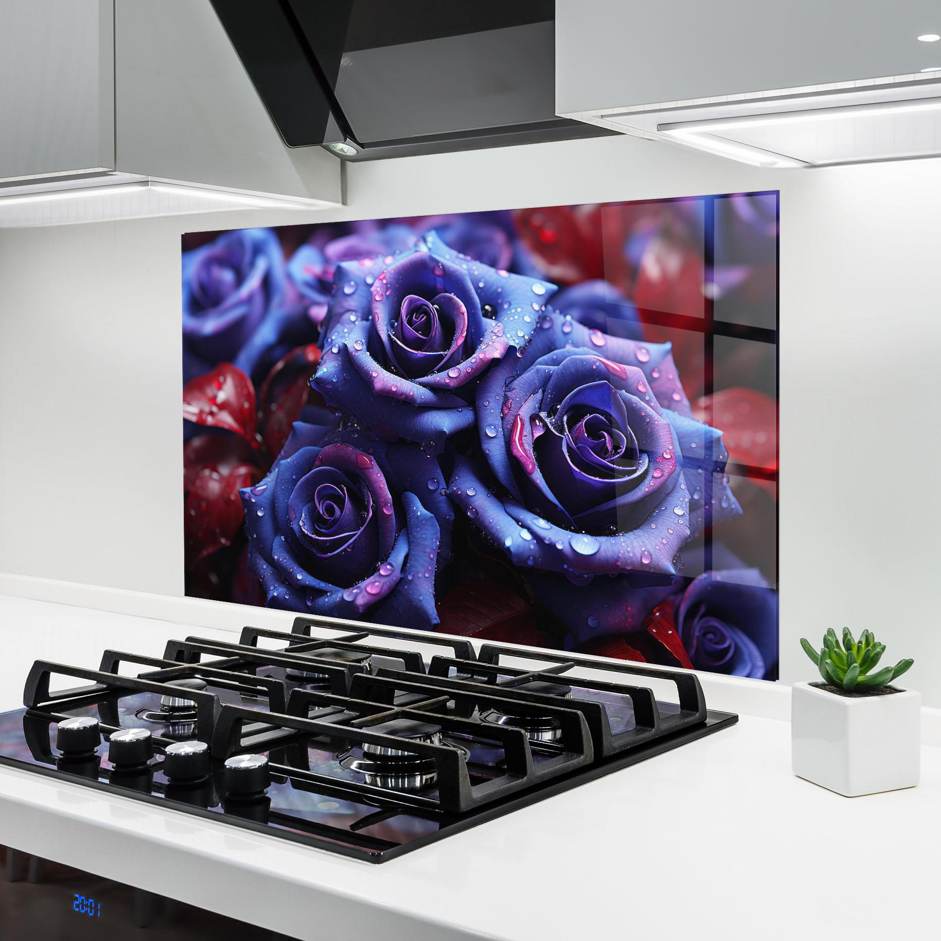 Konyhai üveg hátfal Blue Purple Rose mockup 6