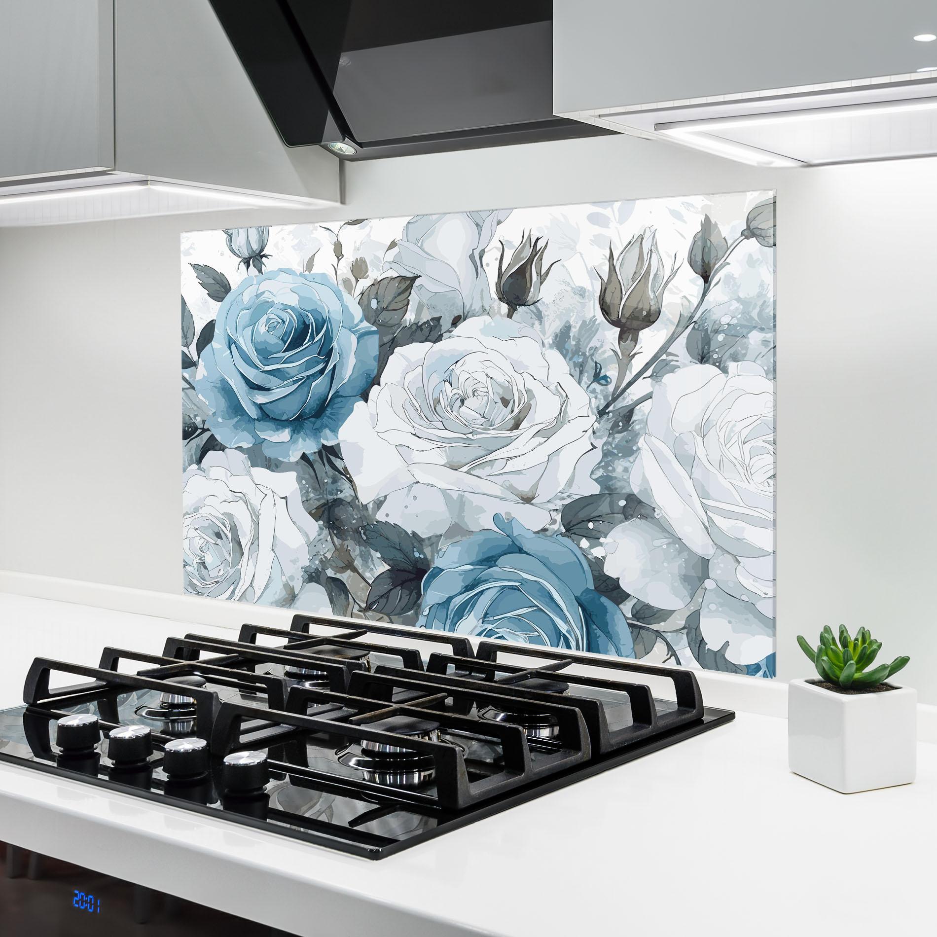 Konyhai üveg hátfal Blue White Rose mockup 6
