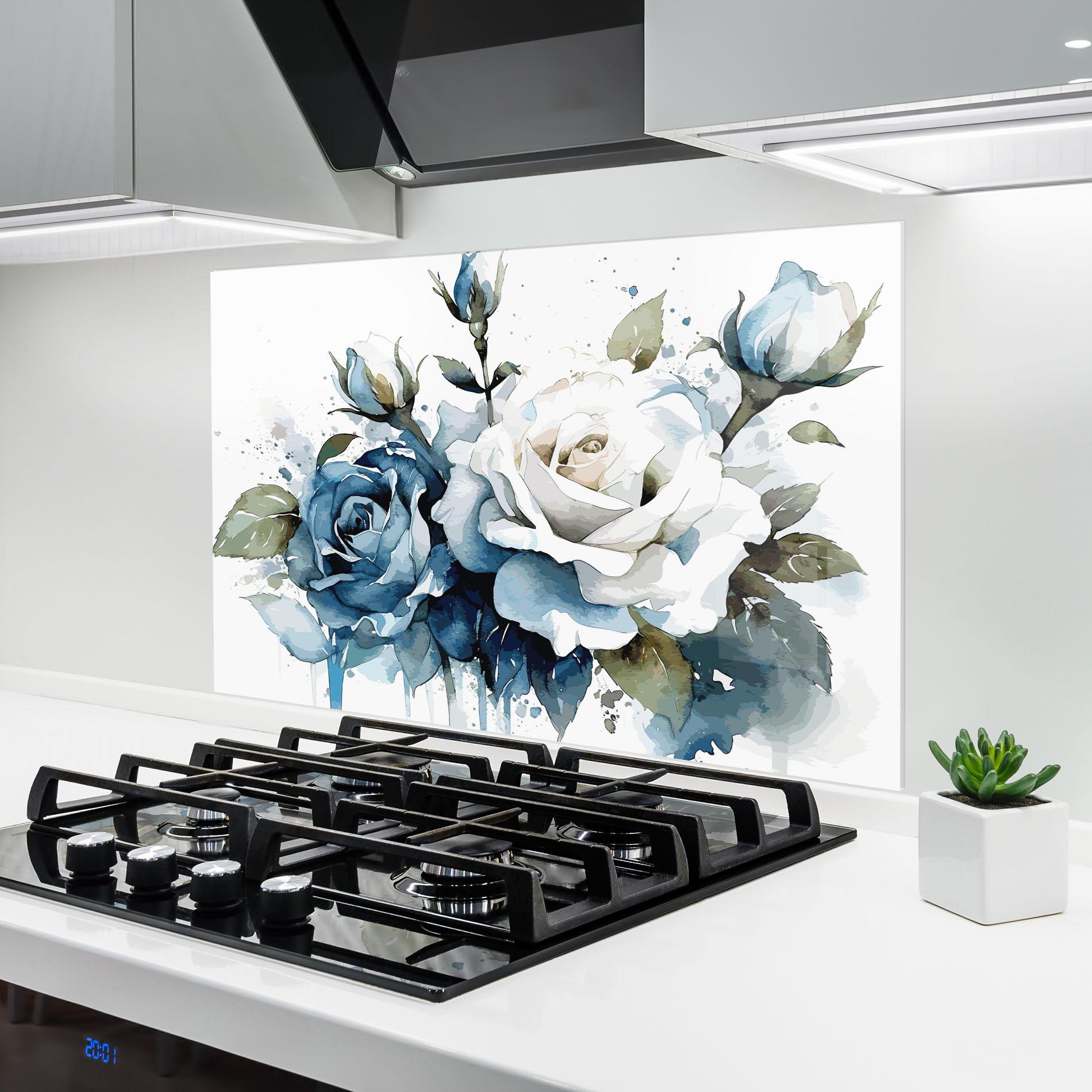 Konyhai üveg hátfal Blue White Roses mockup 6