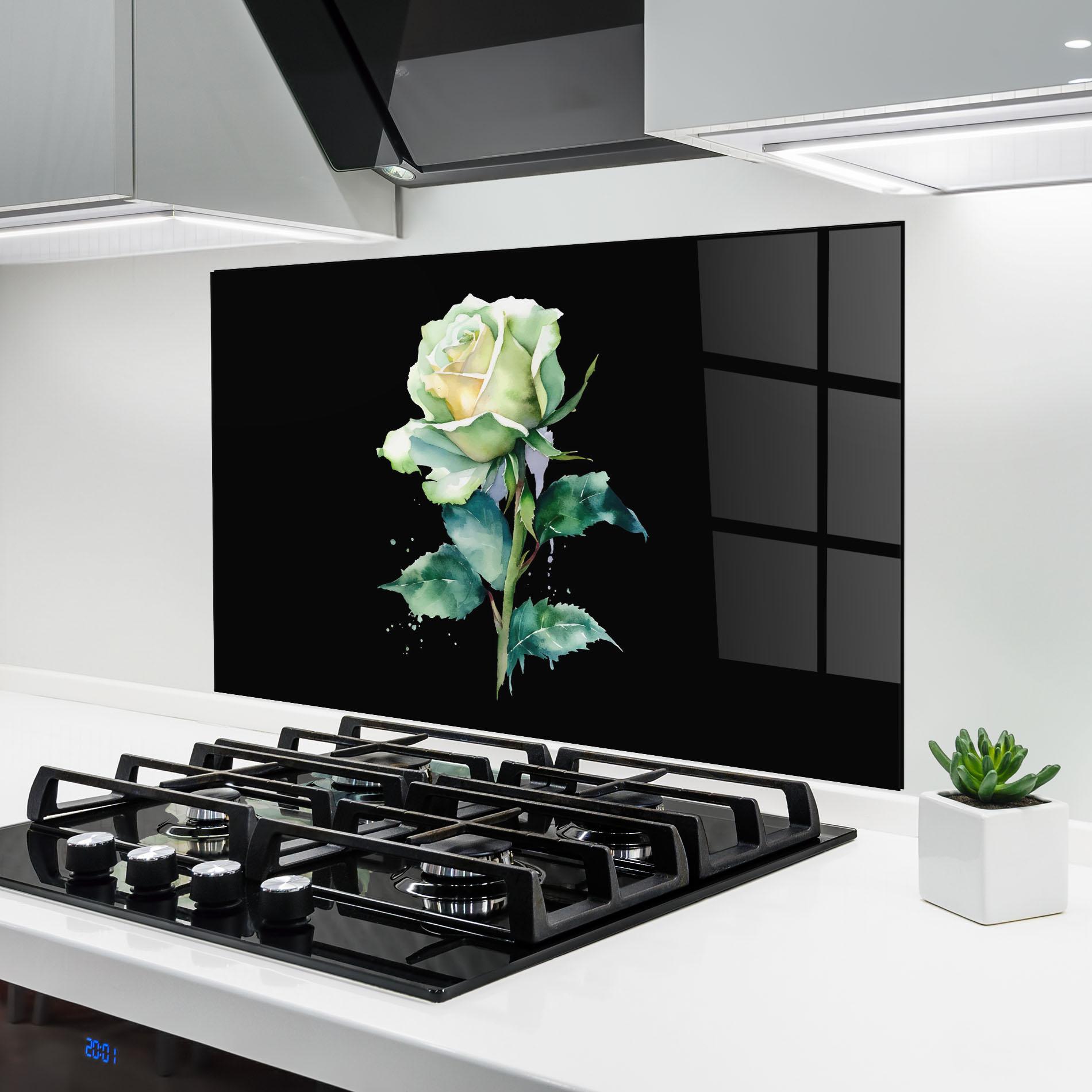 Konyhai üveg hátfal White Green Rose mockup 6