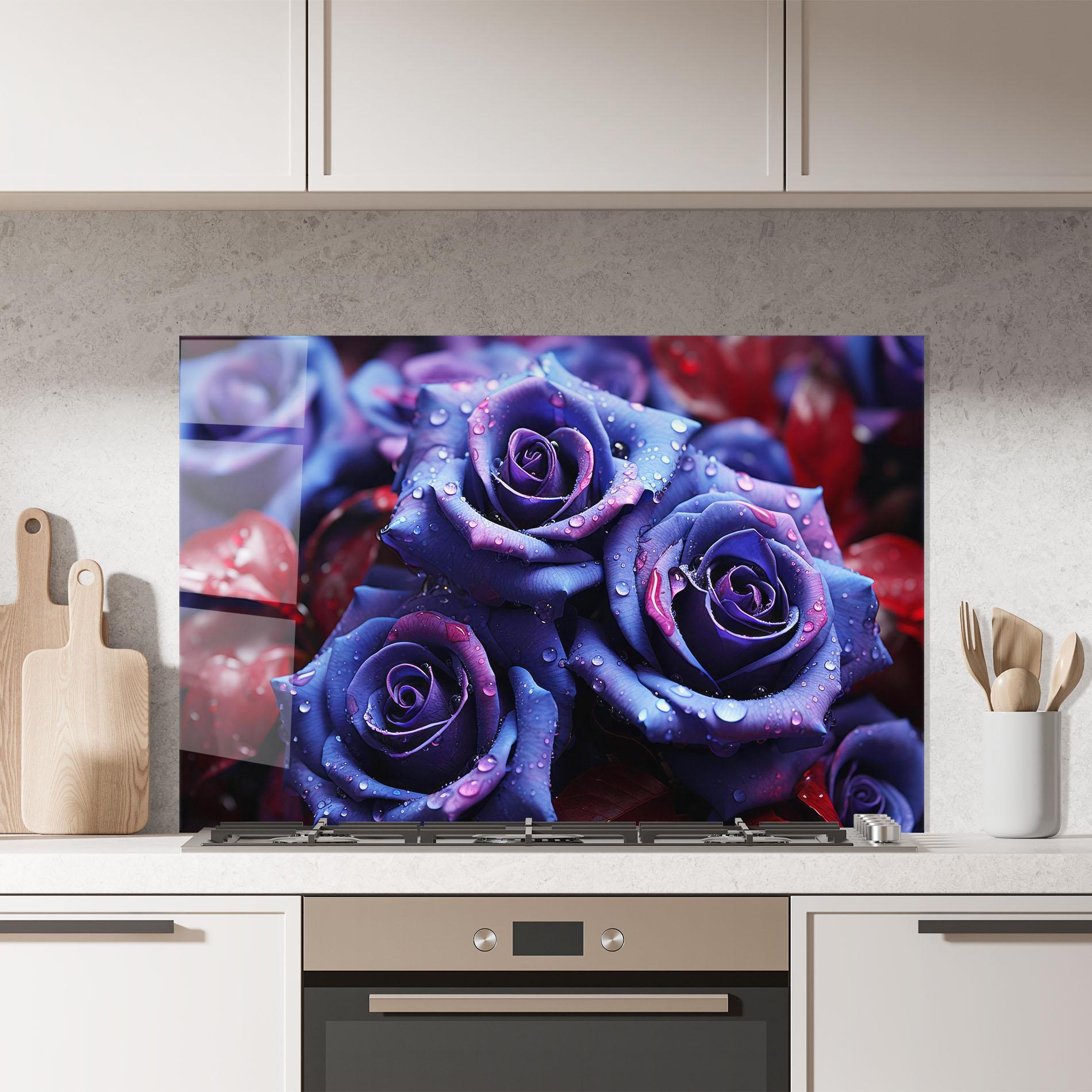 Konyhai üveg hátfal Blue Purple Rose mockup 7