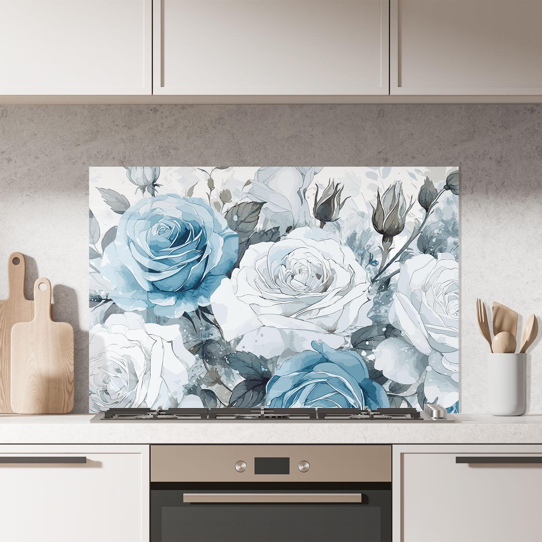 Konyhai üveg hátfal Blue White Rose mockup 7