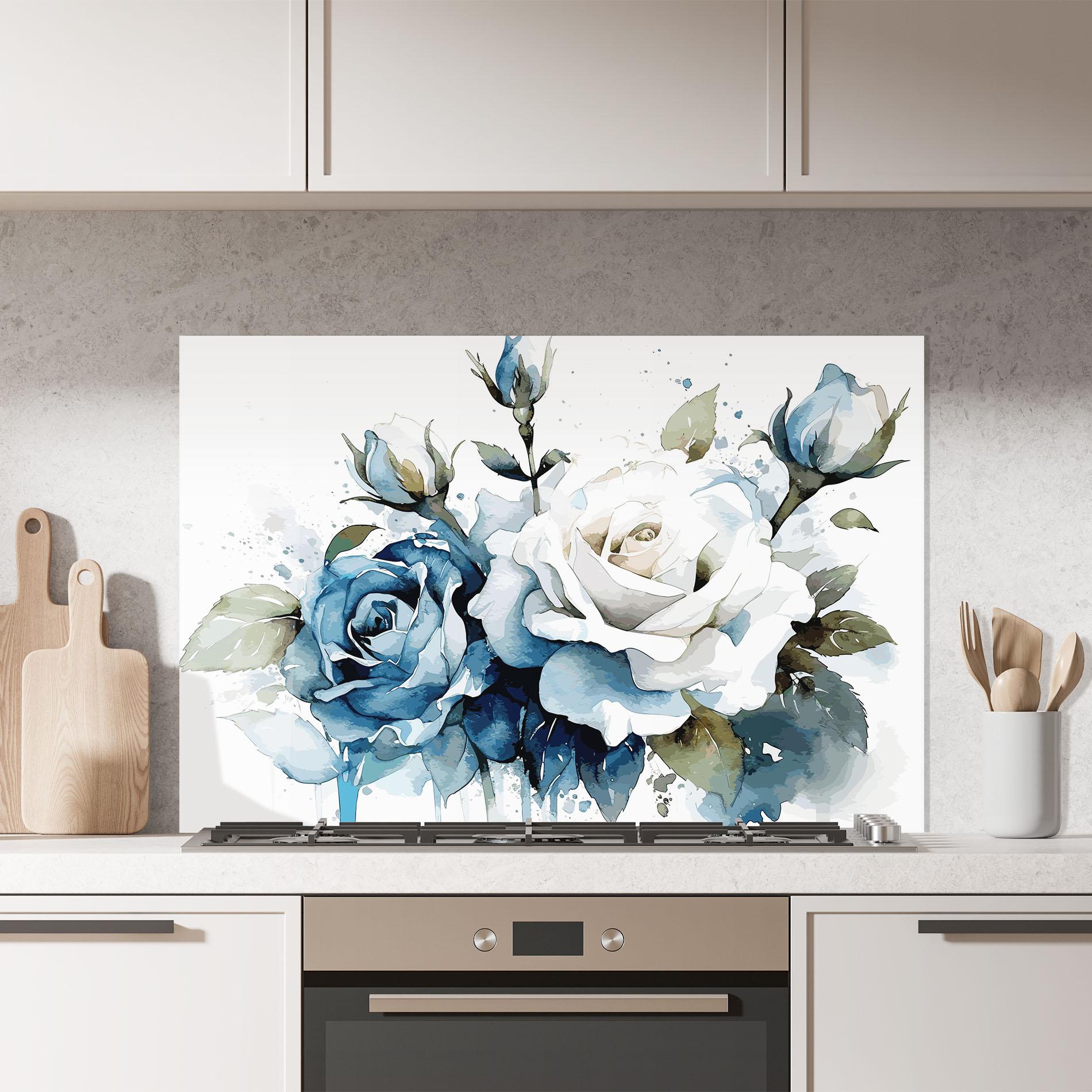 Konyhai üveg hátfal Blue White Roses mockup 7