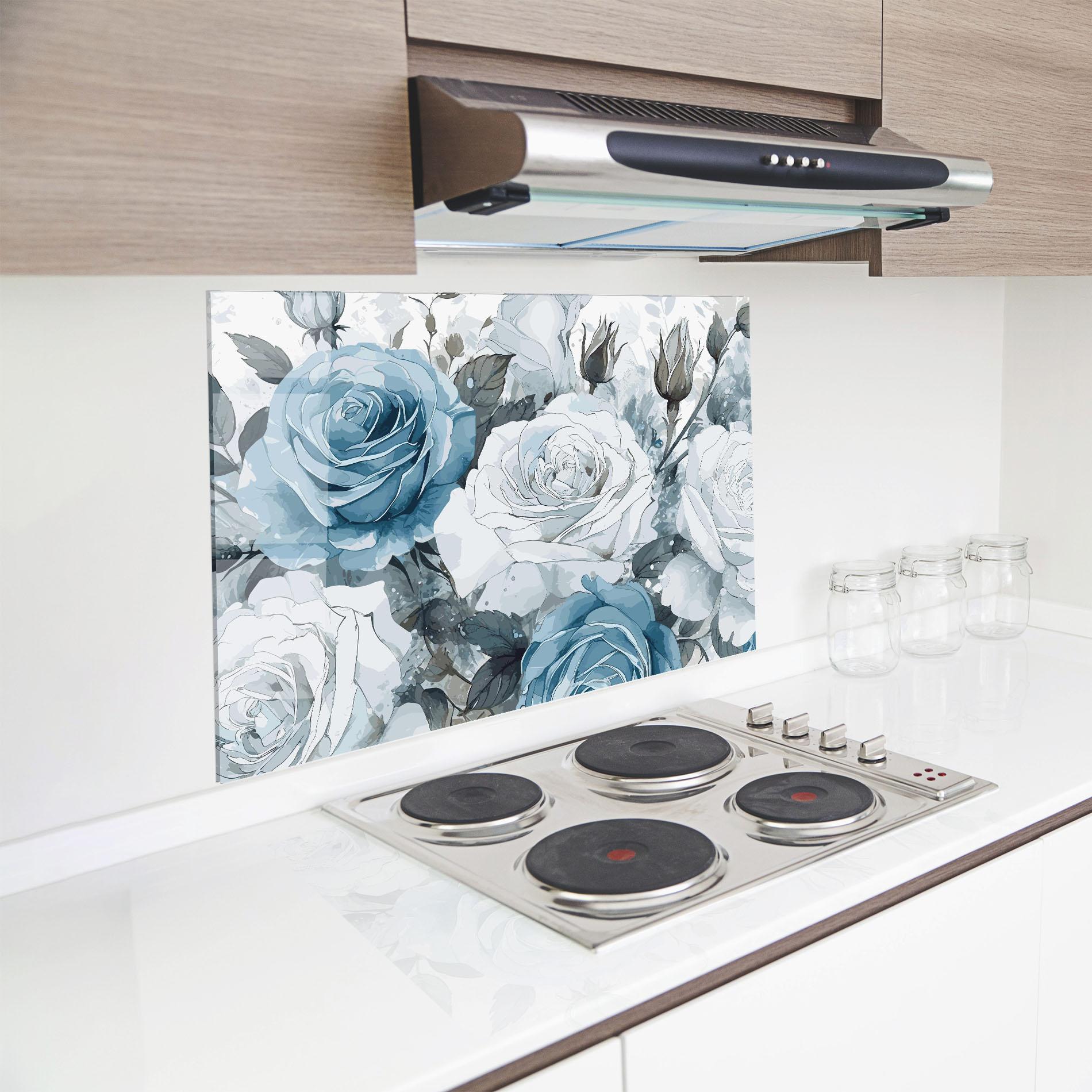 Konyhai üveg hátfal Blue White Rose mockup 8