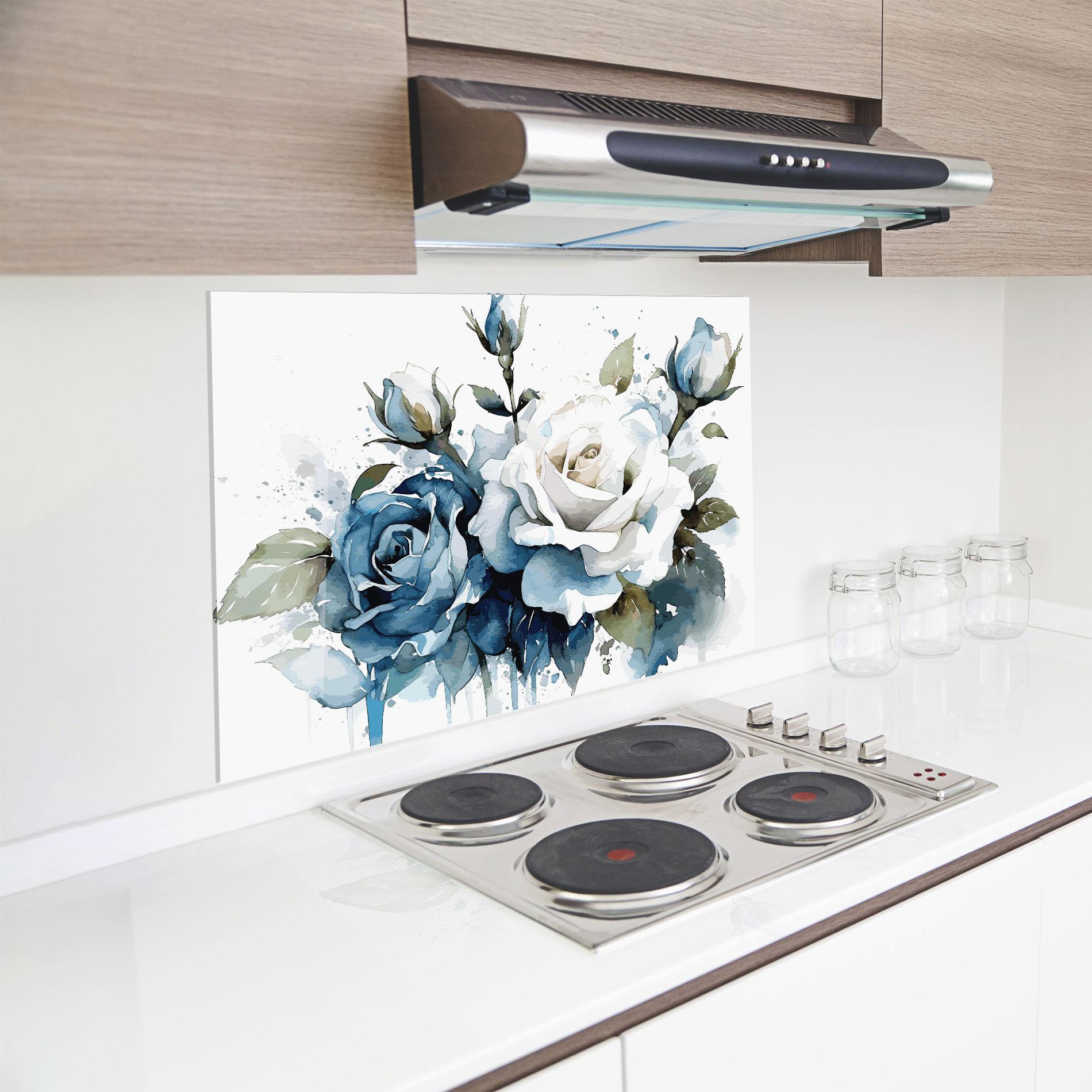 Konyhai üveg hátfal Blue White Roses mockup 8