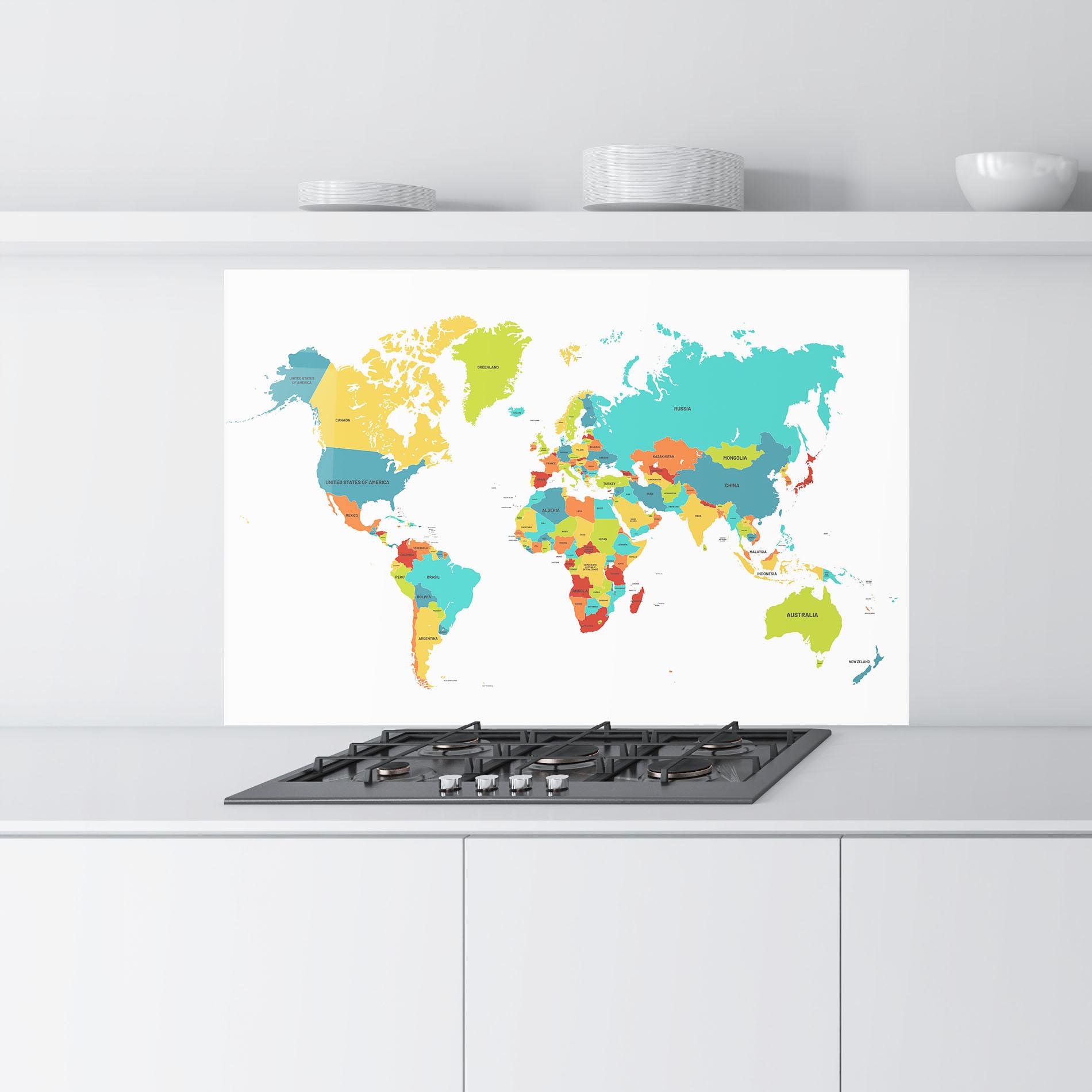 Konyhai üveg hátfal Colorful World Map mockup 9