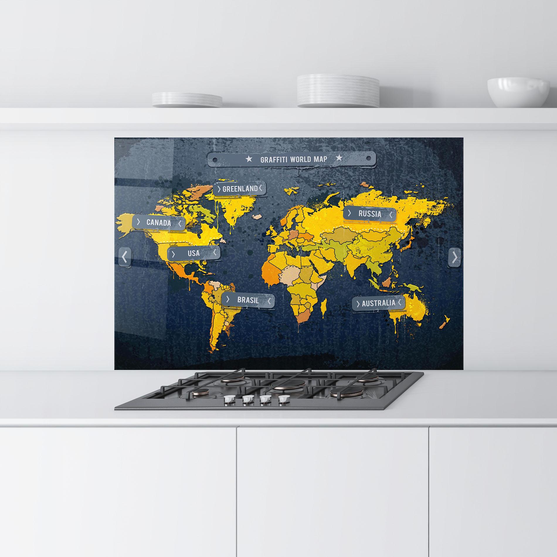 Konyhai üveg hátfal Graffiti World Map mockup 9