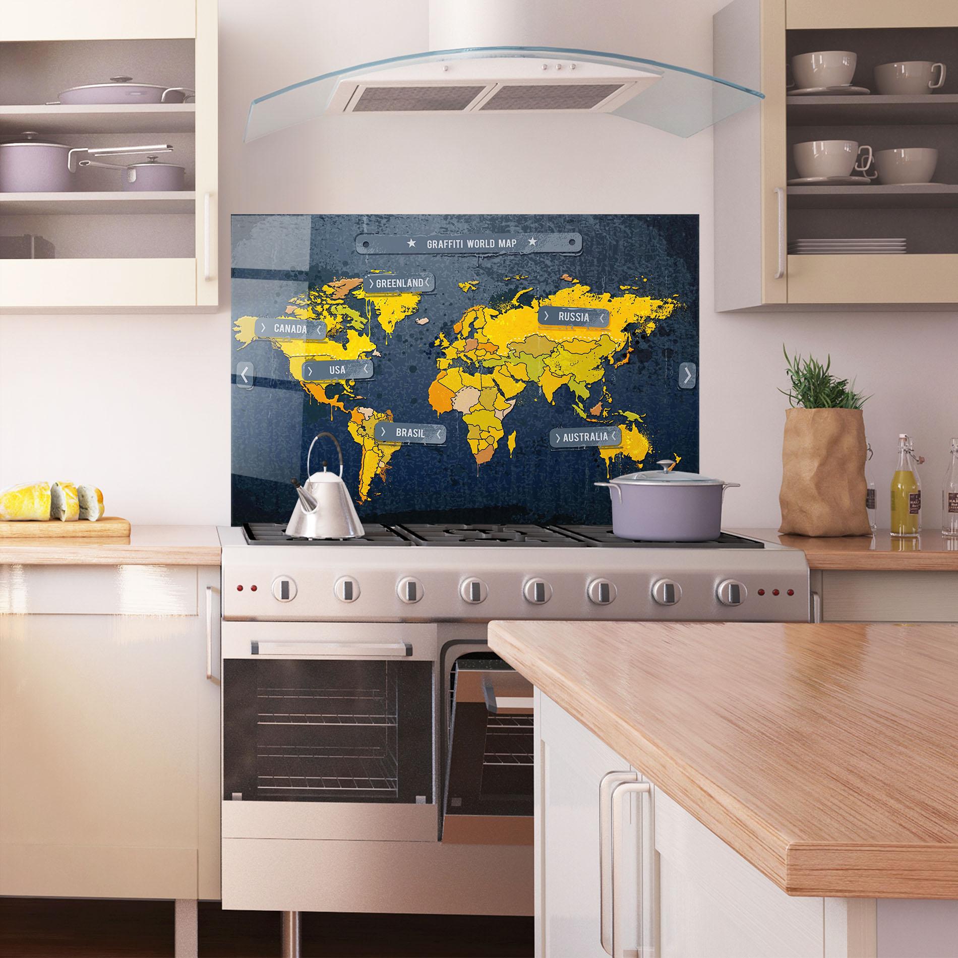 Konyhai üveg hátfal Graffiti World Map mockup 1