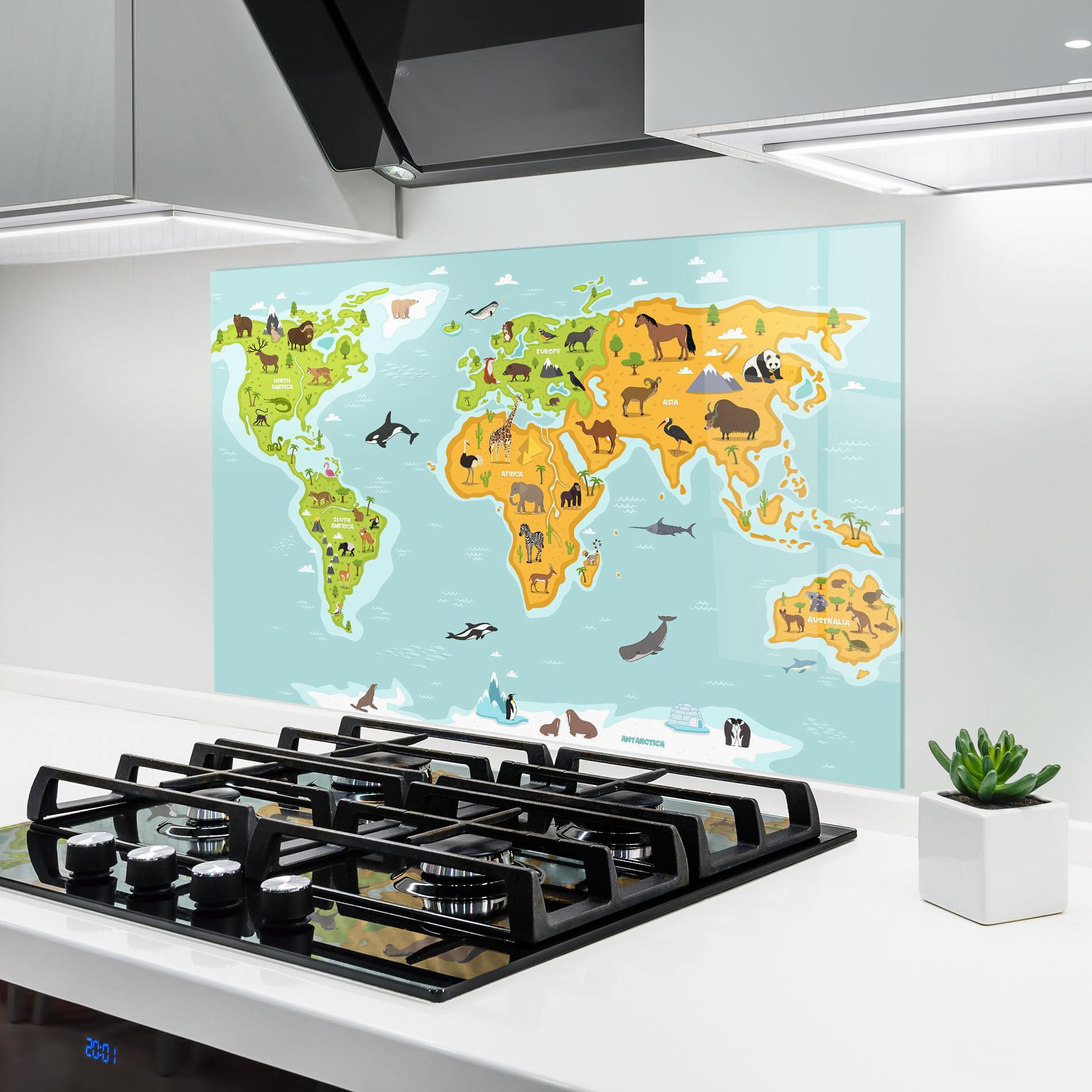 Konyhai üveg hátfal Animals World Map mockup 6
