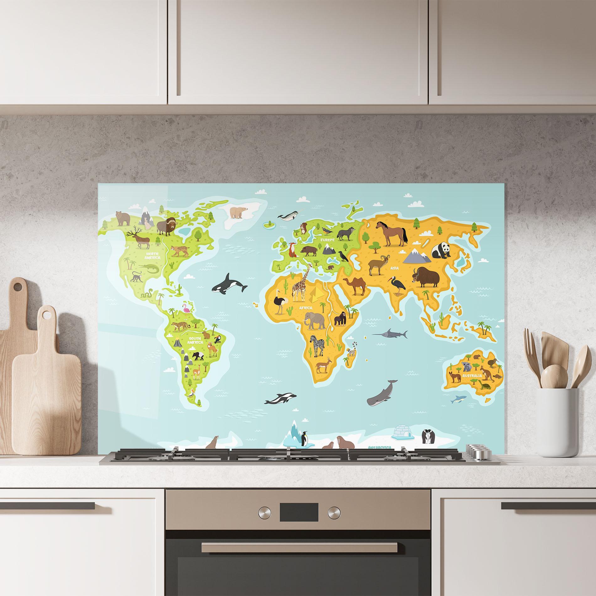 Konyhai üveg hátfal Animals World Map mockup 7