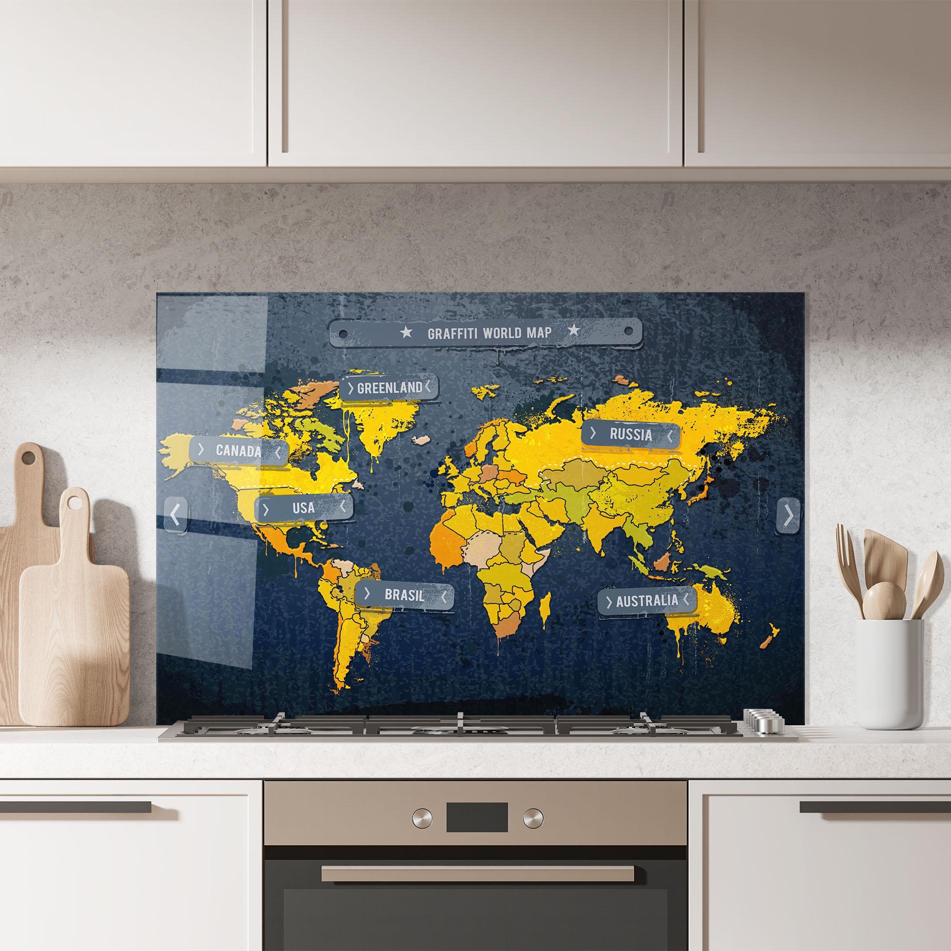 Konyhai üveg hátfal Graffiti World Map mockup 7