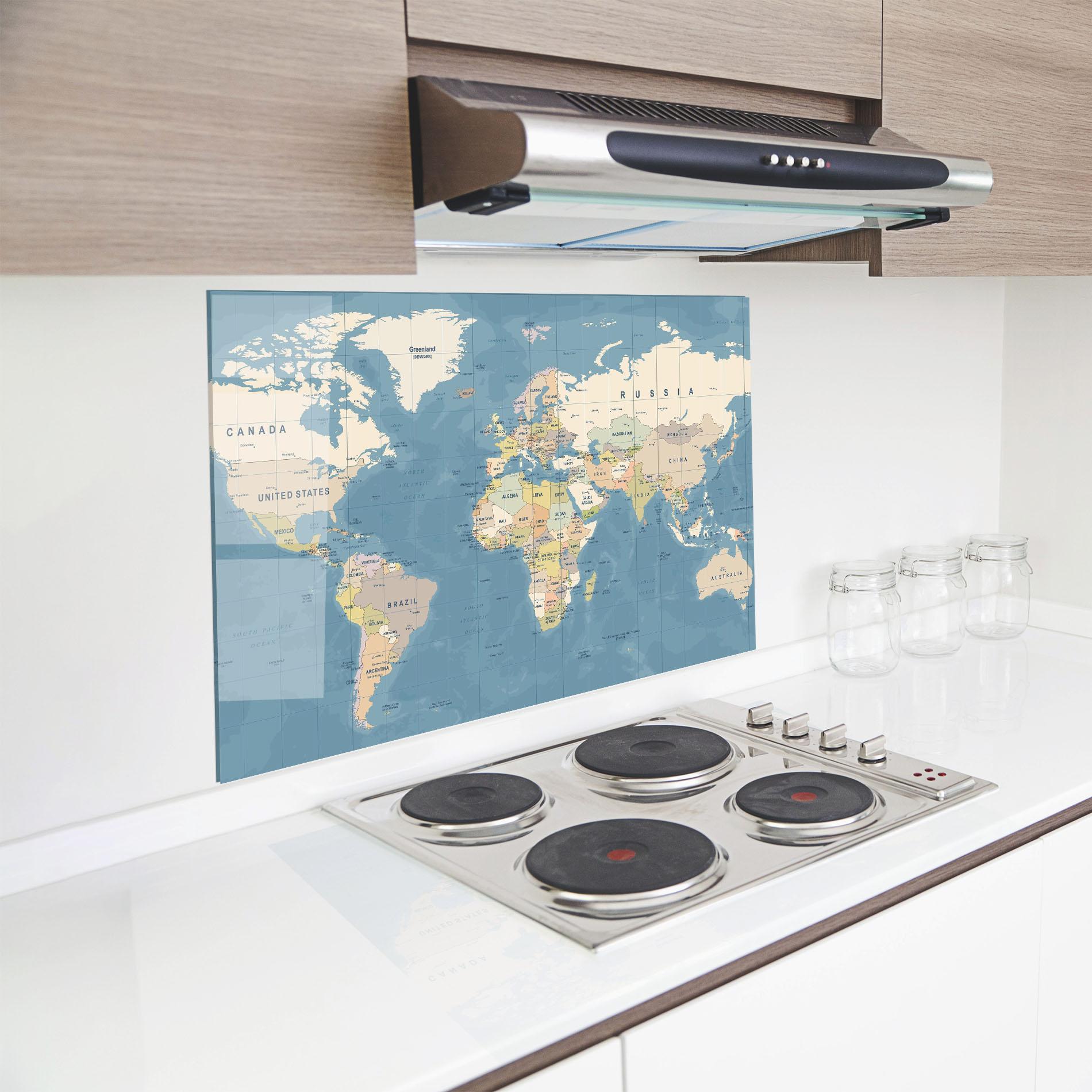 Konyhai üveg hátfal Blue World Map mockup 8