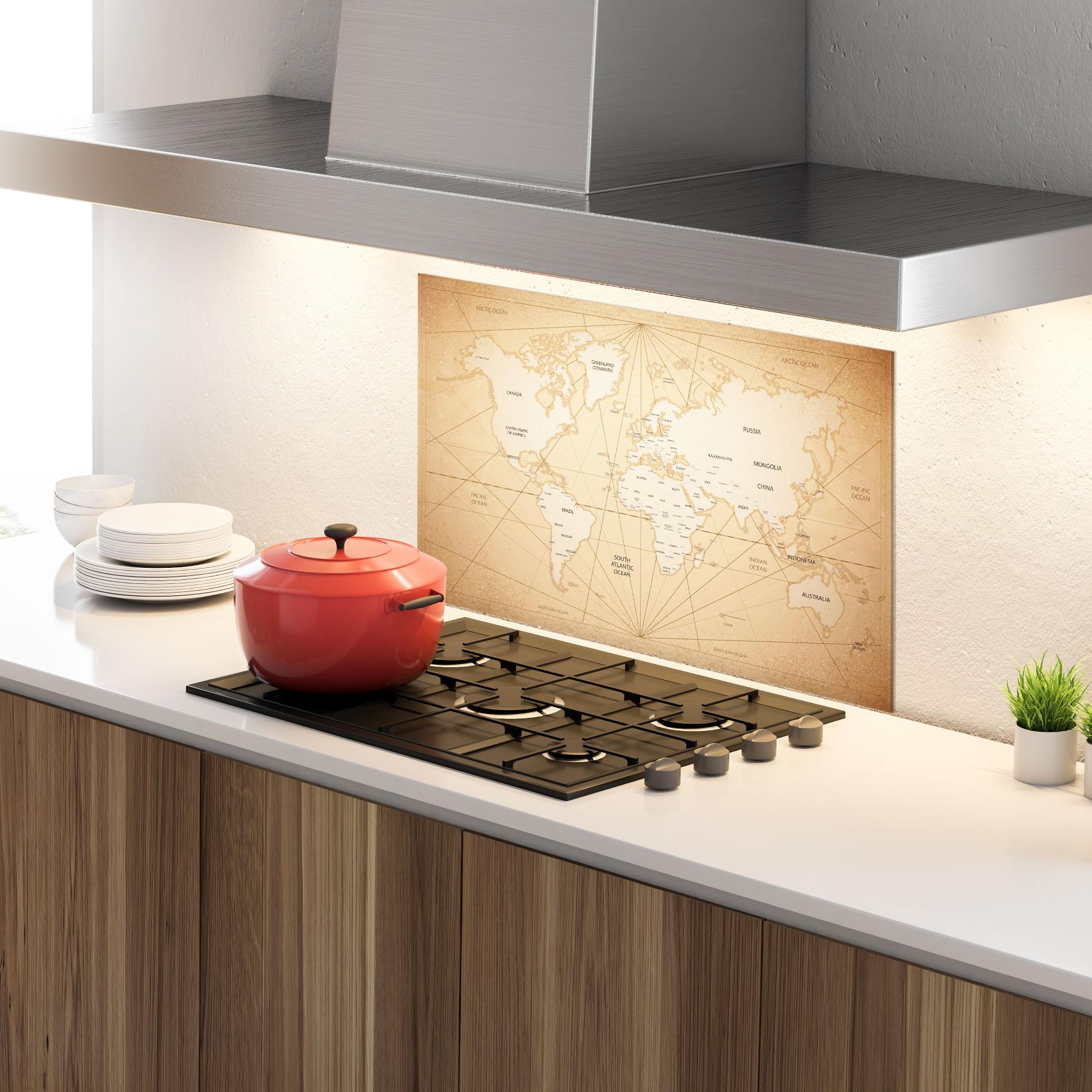 Konyhai üveg hátfal World Vintage Map mockup 4