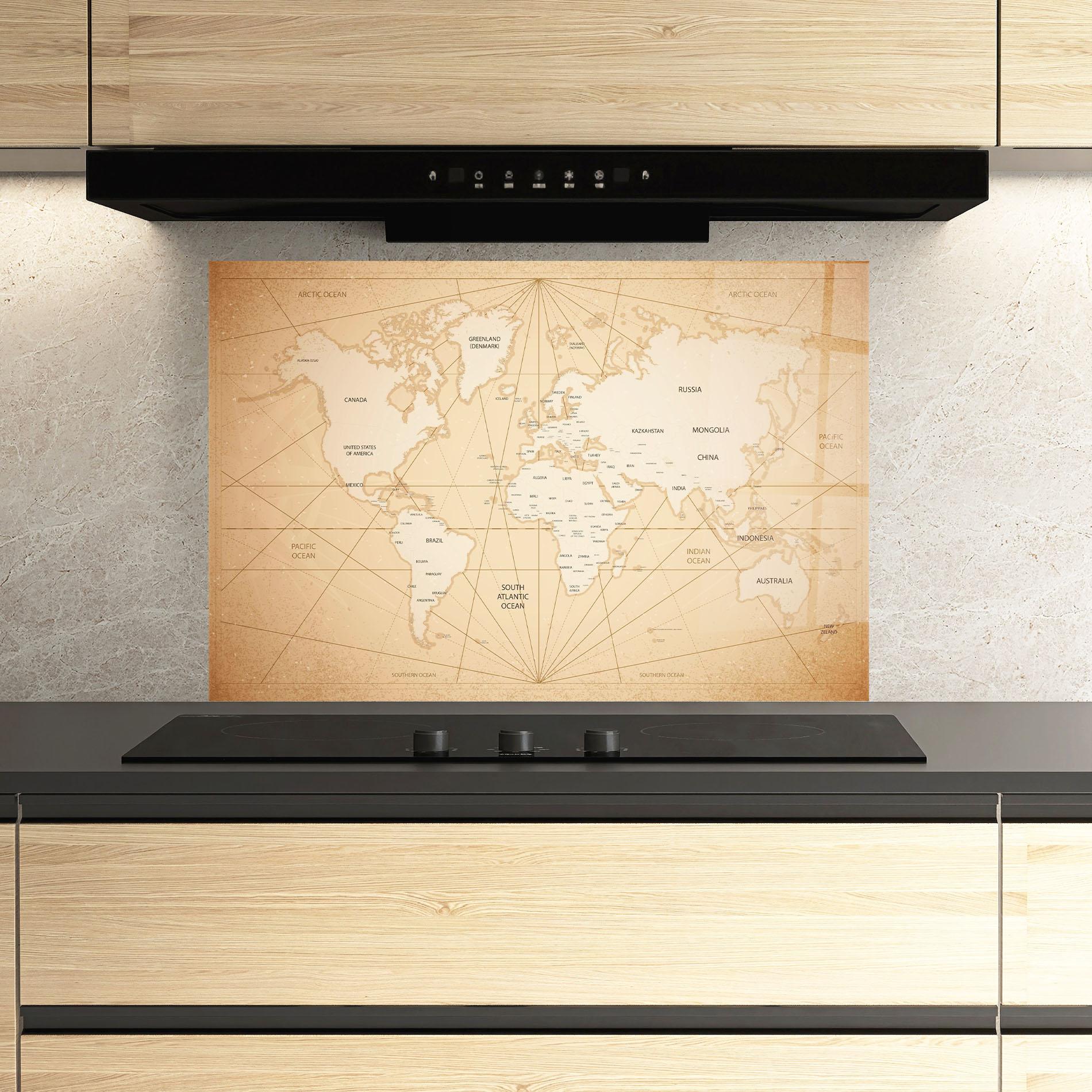 Konyhai üveg hátfal World Vintage Map mockup 3