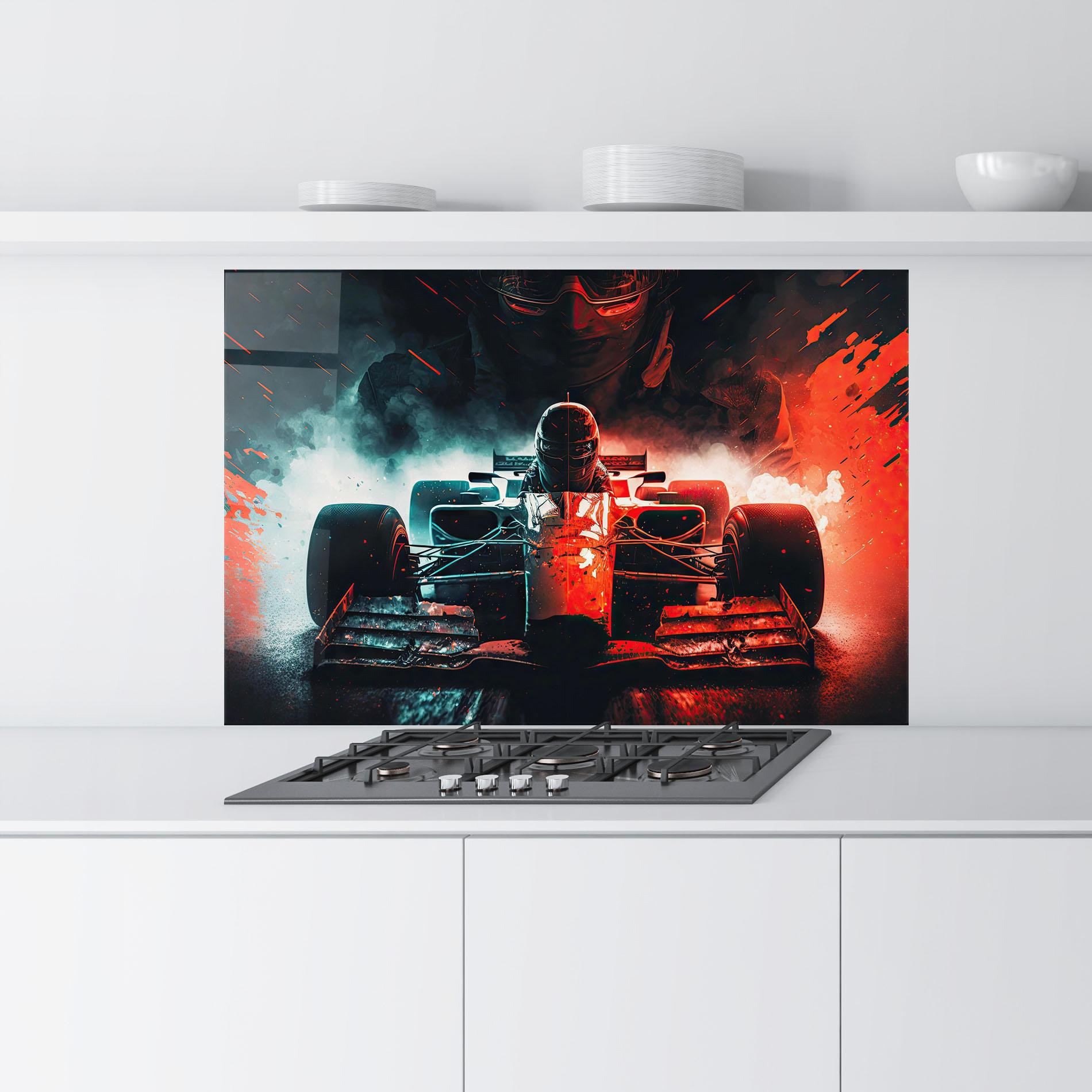 Konyhai üveg hátfal Blue Red F1 mockup 9