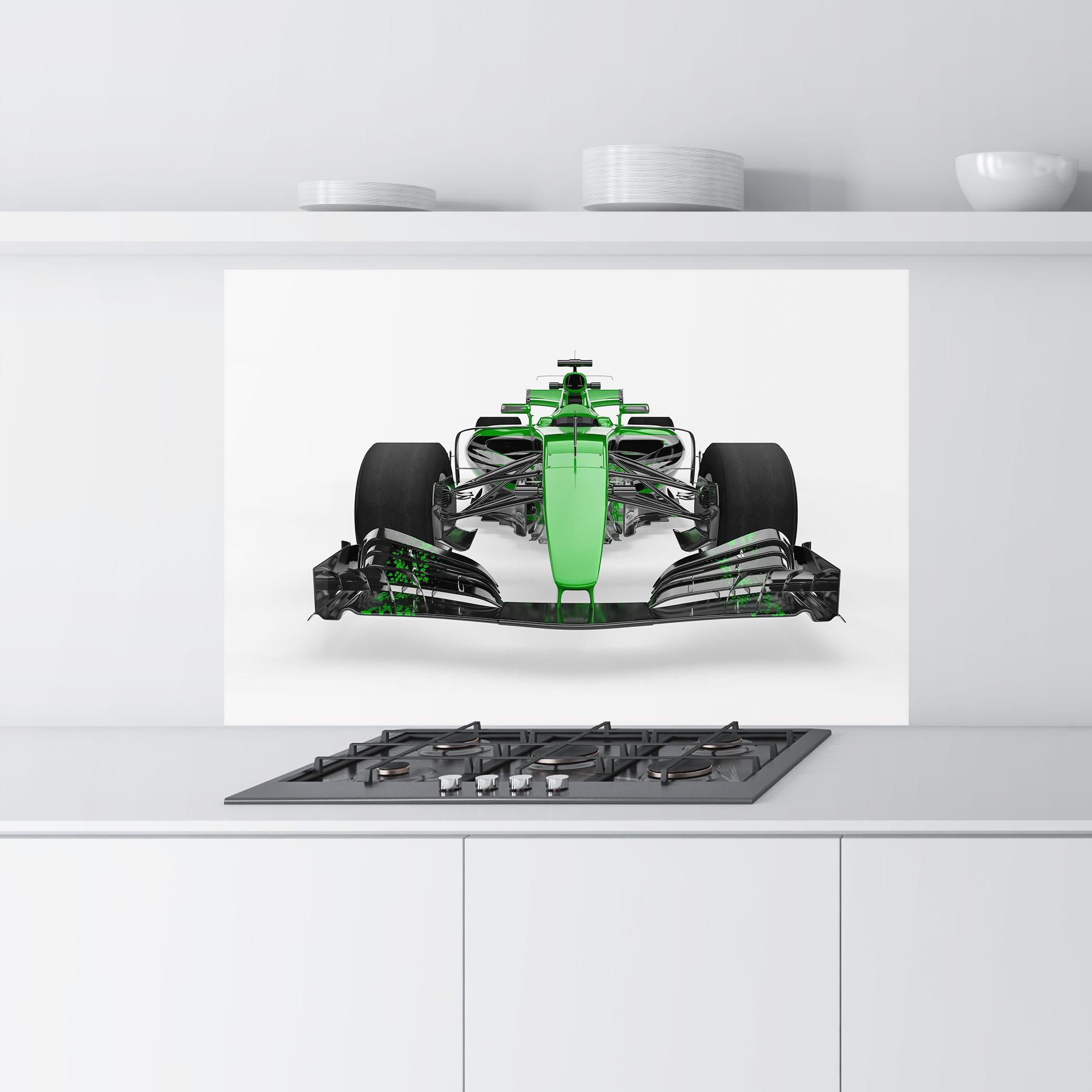 Konyhai üveg hátfal Green F1 Car mockup 9