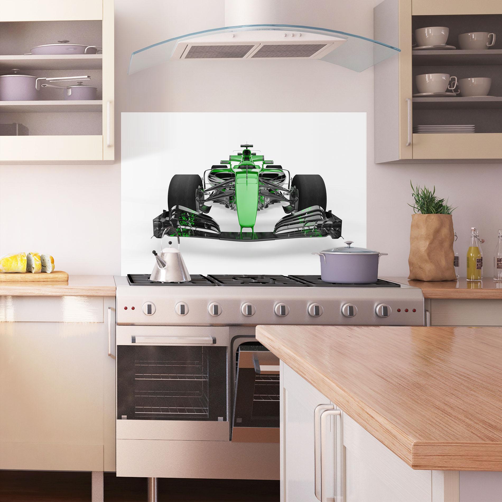 Konyhai üveg hátfal Green F1 Car mockup 1