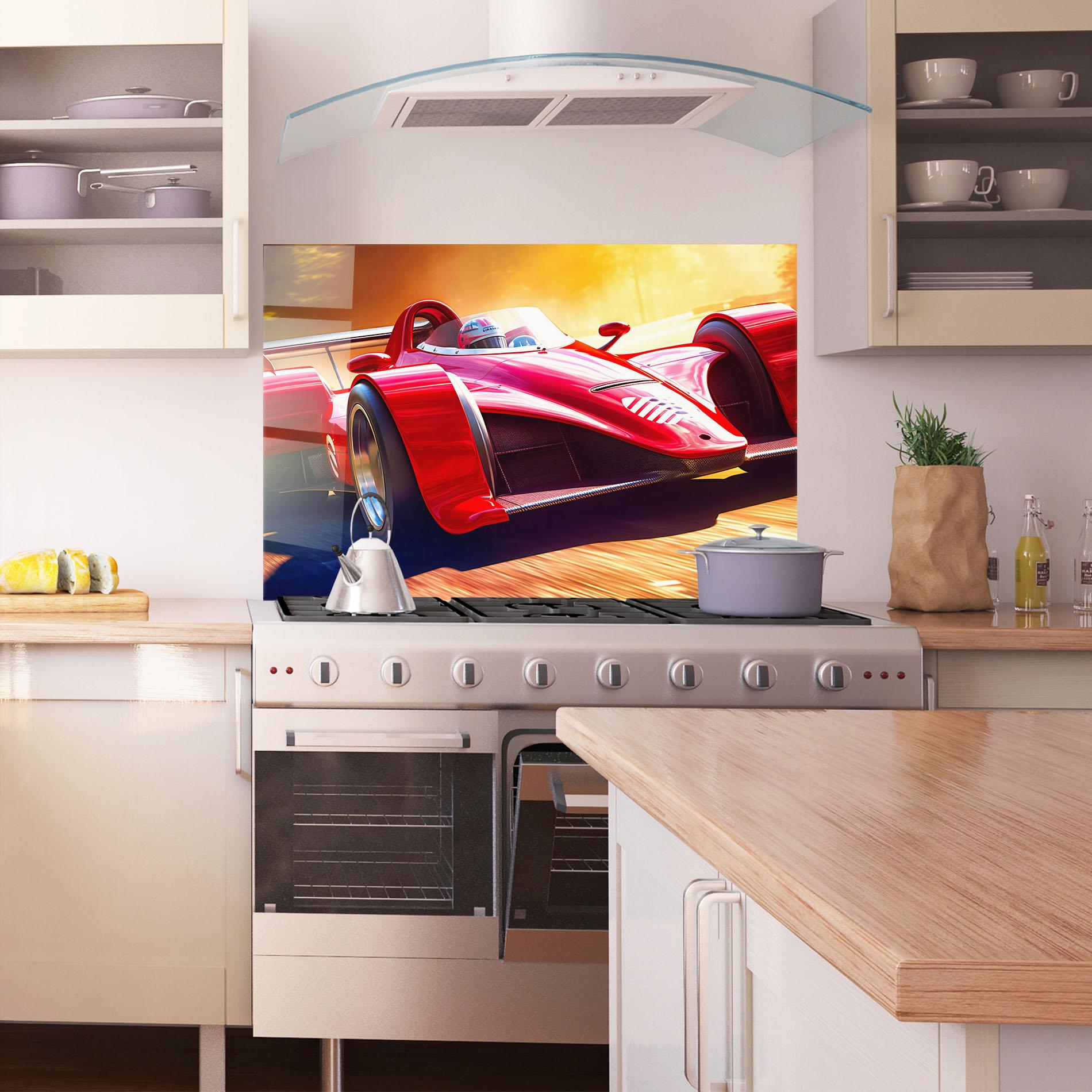 Konyhai üveg hátfal Red Race Car mockup 1