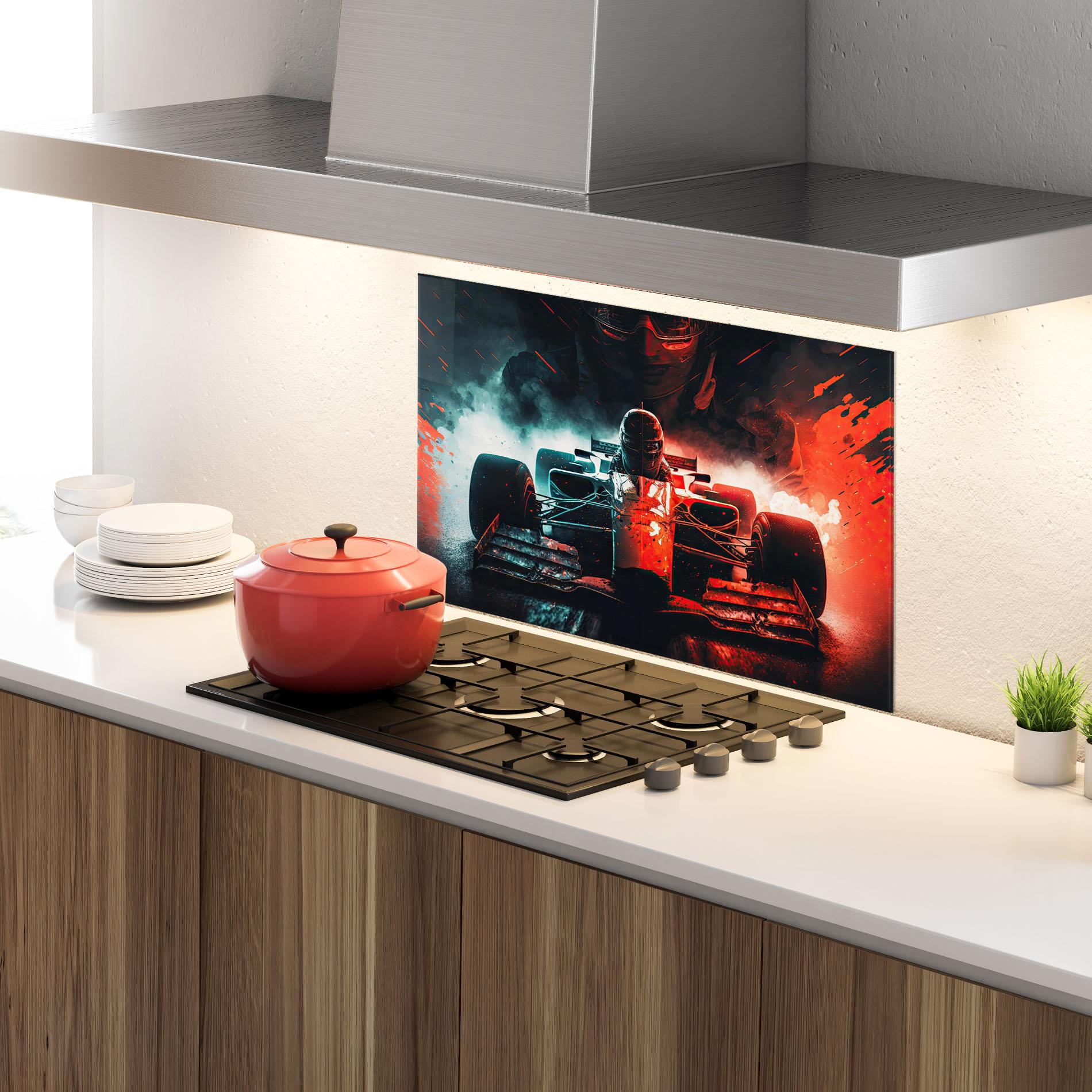 Konyhai üveg hátfal Blue Red F1 mockup 4