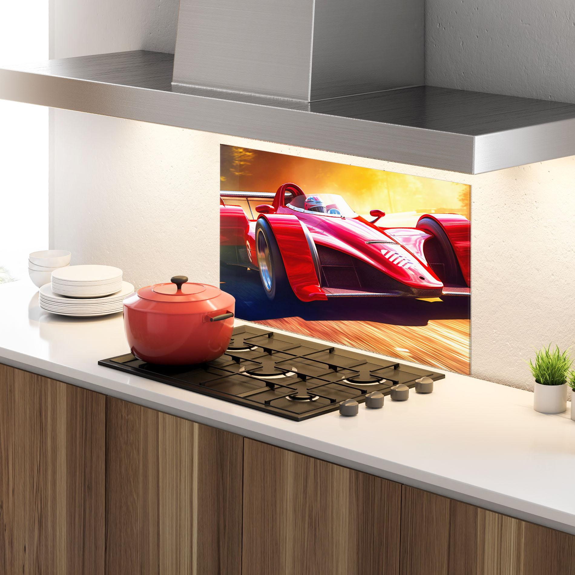 Konyhai üveg hátfal Red Race Car mockup 4